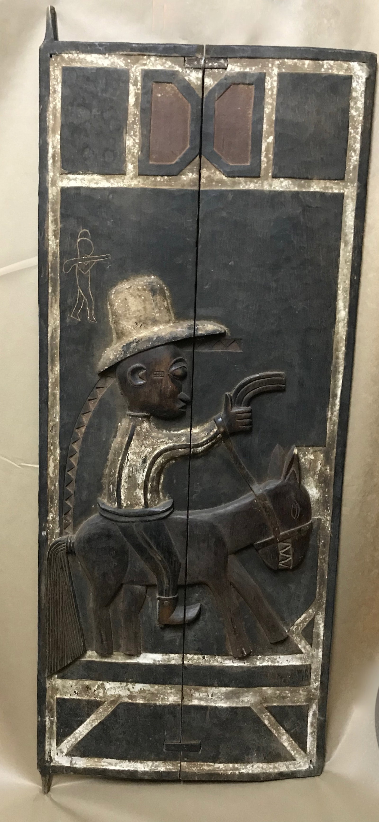 Carved Wood Large Baule Door: African Tribal Art Carved Wood Large Baule Door. The dimension is 47.5 inches high x 18.5 inches wide. Please be aware that some of the items are vintage, secondhand, old ages, antiques and may have