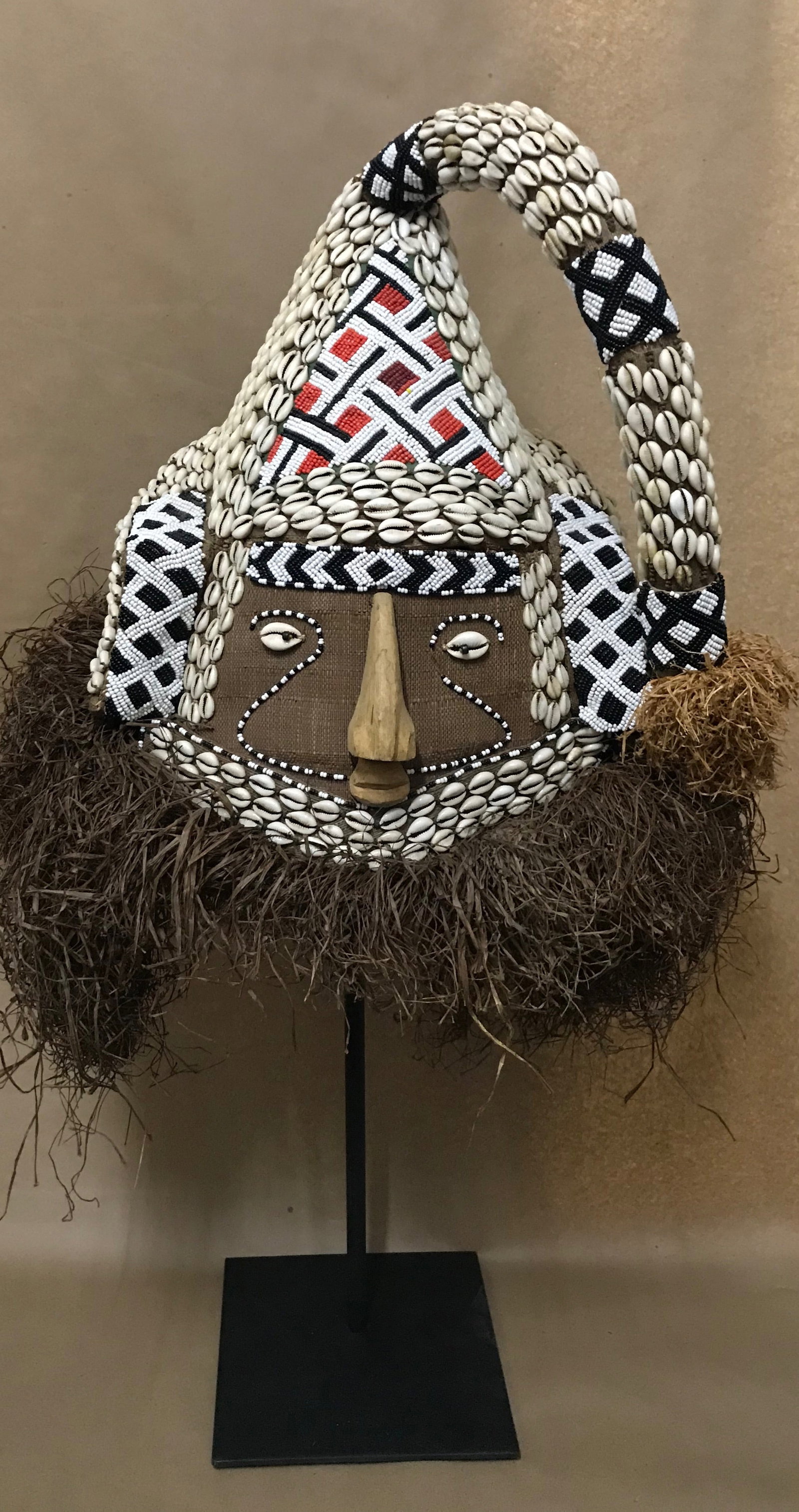 Large Carved Wood Kuba Helmet Mask with Display Stand (1 of 10)