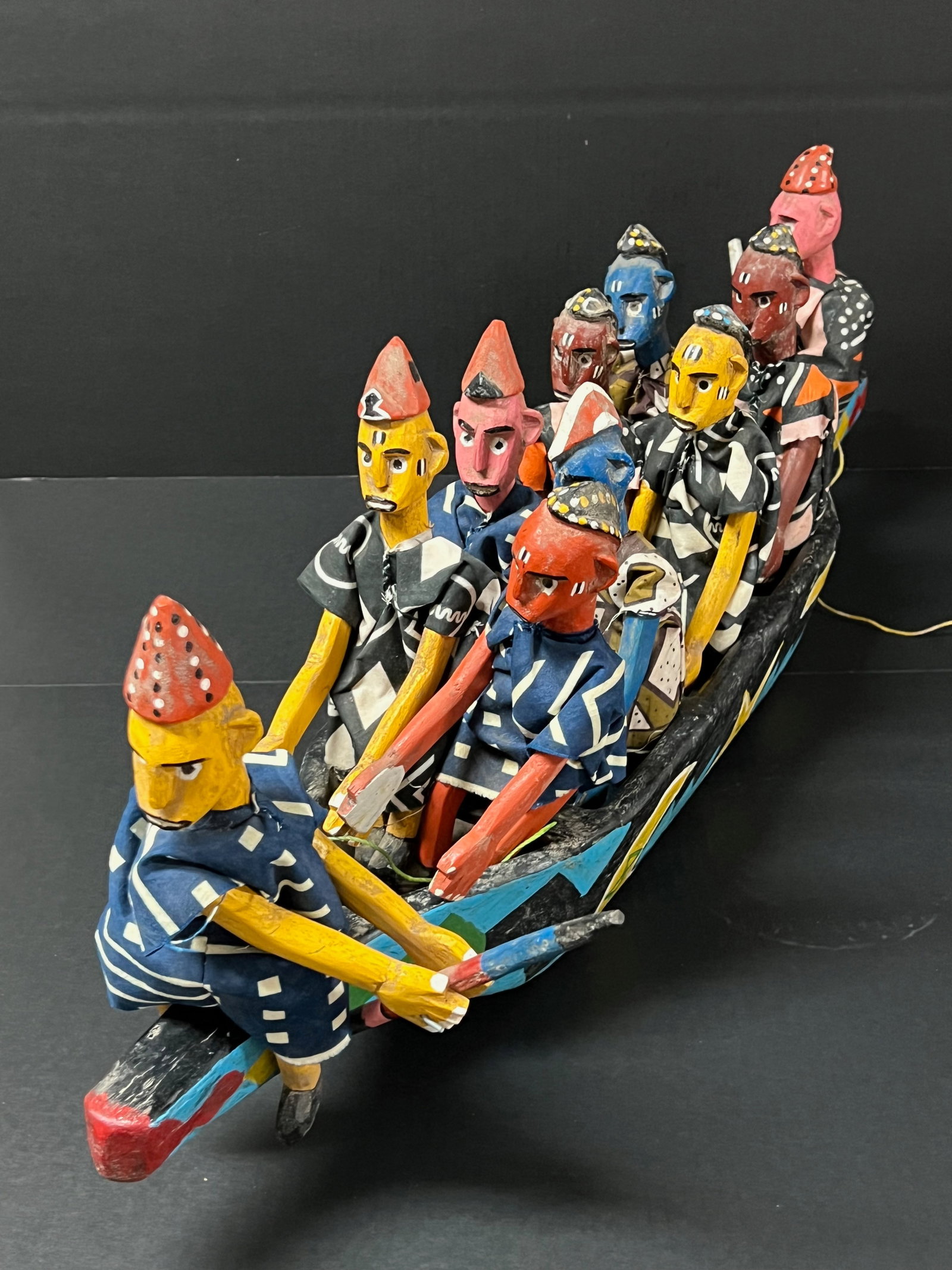 Carved Wood Large Dogon Tribe Boaters Sculpture: African Tribal Art Carved Wood Large Dogon Tribe Boaters Sculpture. The dimension is 36 inches high x 13.5 inches wide. Please be aware that some of the items are vintage, secondhand, old ages,