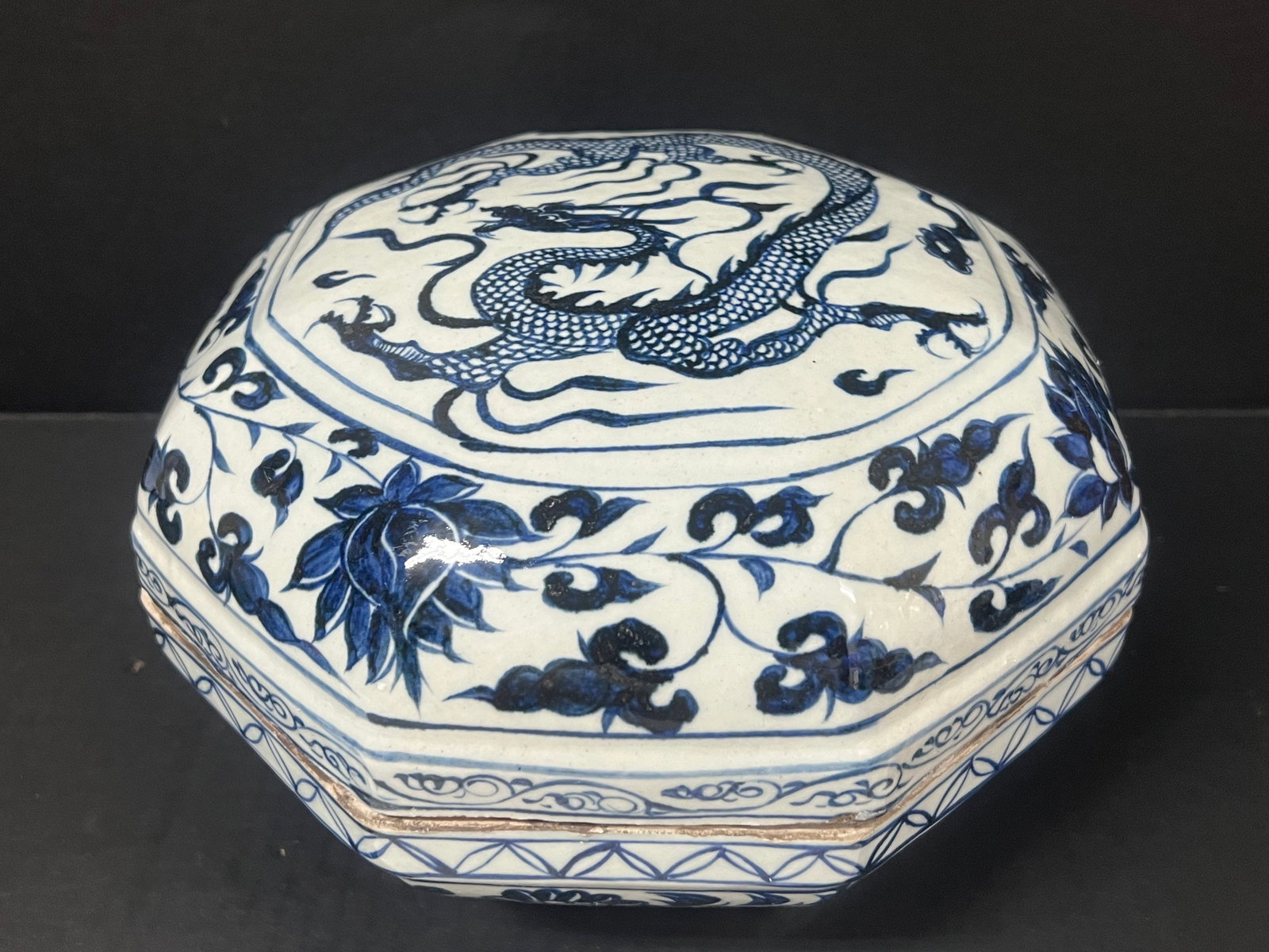 Chinese Art Porcelain Blue and White Lidded Box: Chinese Art Porcelain Blue and White Lidded Box. The dimension is 6.5 inches high x 11 inches wide. Please be aware that some of the items are vintage, secondhand, old ages, antiques and may have a de