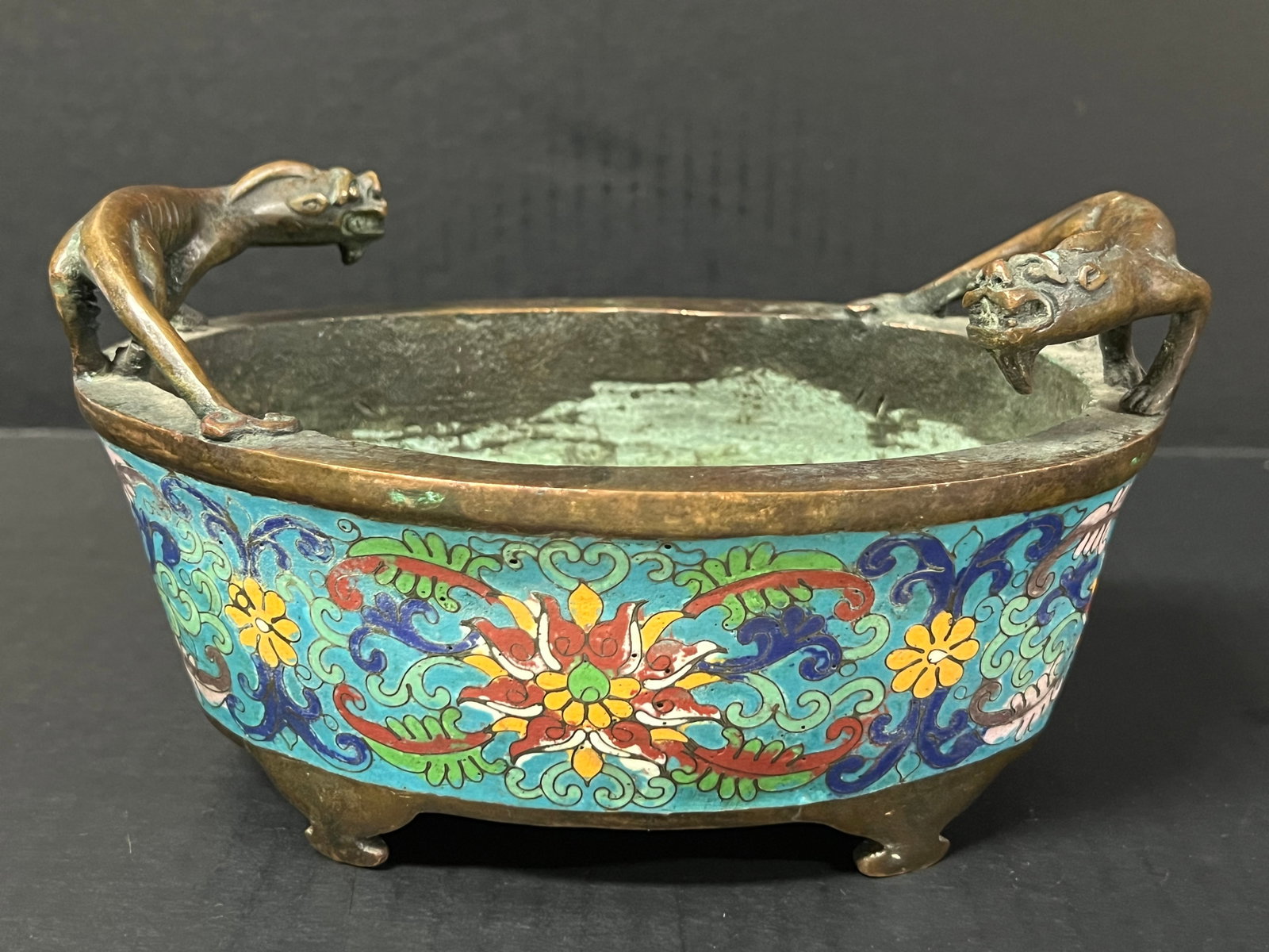 Chinese Art Bronze and Cloisonne Incense Burner: Chinese Art Bronze and Cloisonné Incense Burner. The dimension is 4.5 inches high x 5.5 inches wide. Please be aware that some of the items are vintage, secondhand, old ages, antiques and may have a 
