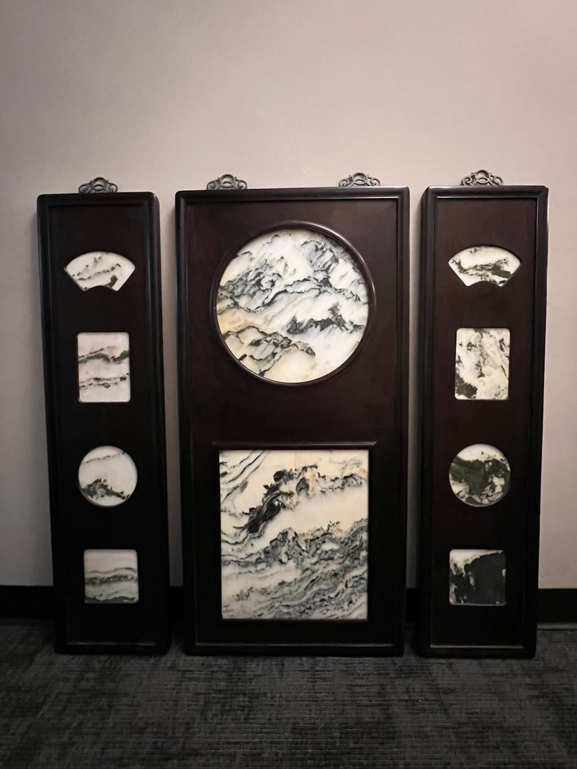 Chinese Art Dream Stone and Wood Panel Wall Screen Set of 3 (1 of 8)