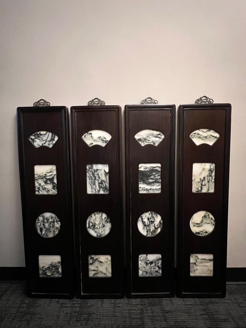 Chinese Art Dream Stone and Wood Panel Wall Screen Set of 4: Chinese Art Dream Stone and Wood Panel Wall Screen Set of 4. The dimension is 42.5 inches high x 10 inches wide. Please be aware that some of the items are vintage, secondhand, old ages, antiques and 