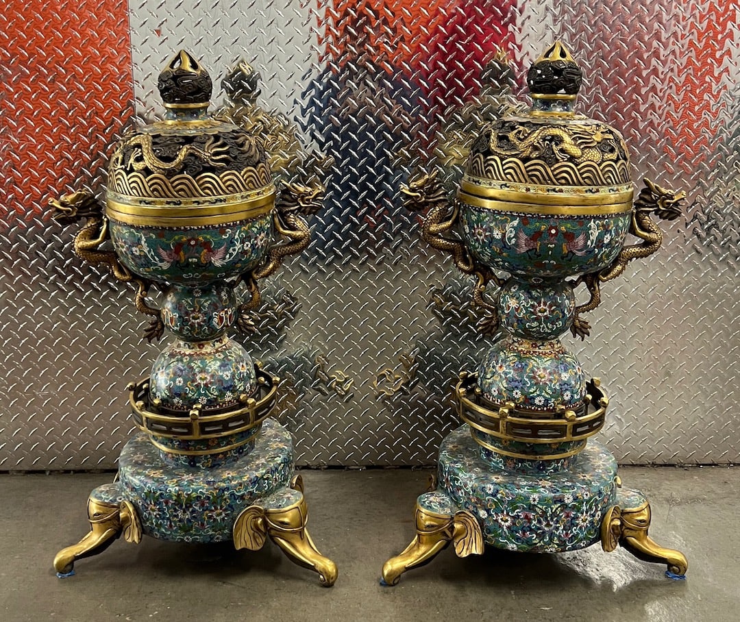 A Pair of Very Large Cloisonne and Bronze Incense Burner: Chinese Art Pair of Very Large Cloisonne and Bronze Incense Burner. The dimension is 37 inches high x 20 inches wide. Please be aware that some of the items are vintage, secondhand, old ages, antiques