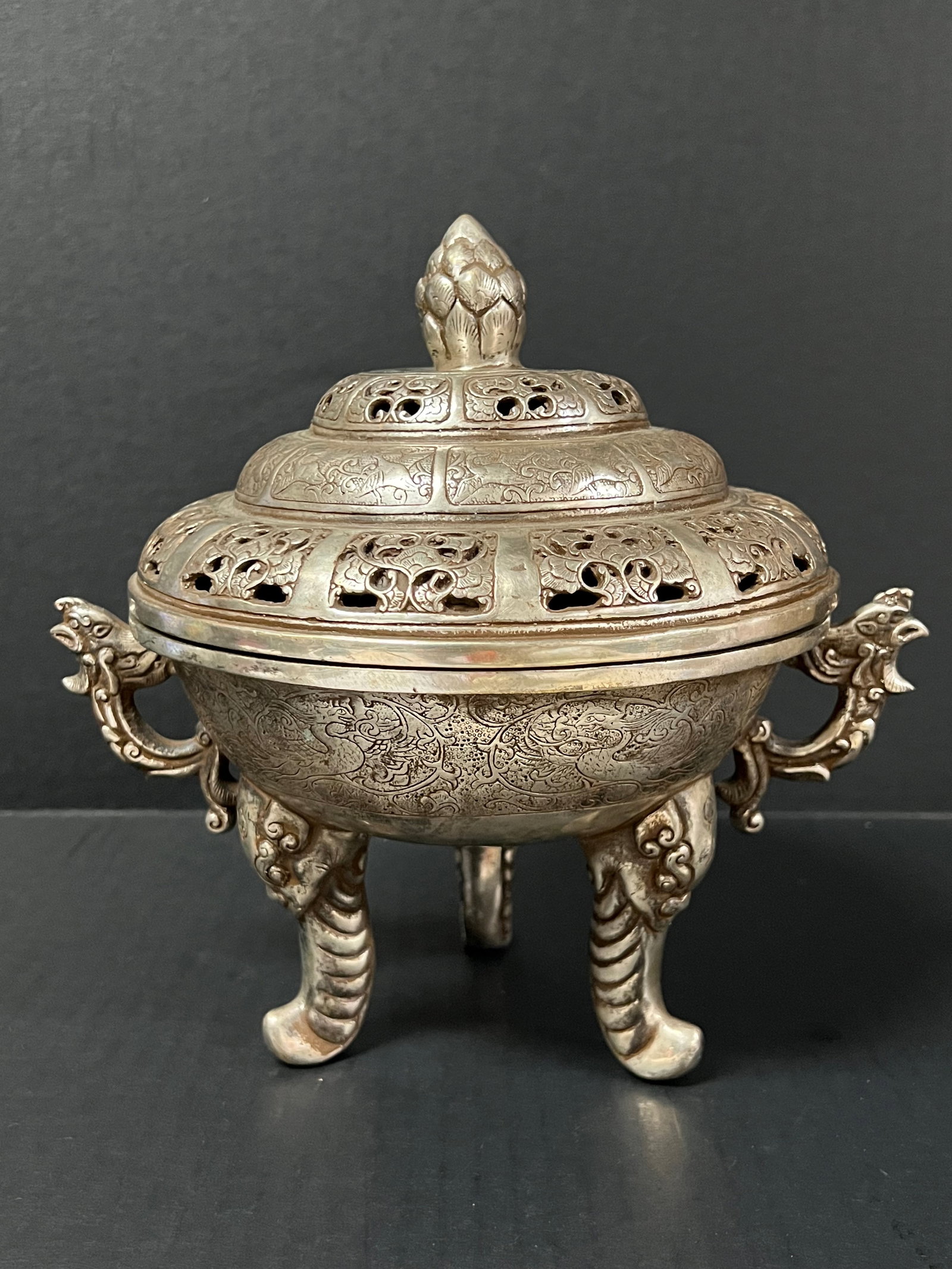A Chinese Art Silver Gilt Bronze incense Burner: Chinese Art Peking Glass Overlay Bronze Pot. The dimension is 8.5 inches high x 9 inches wide. Please be aware that some of the items are vintage, secondhand, old ages, antiques and may have a defects