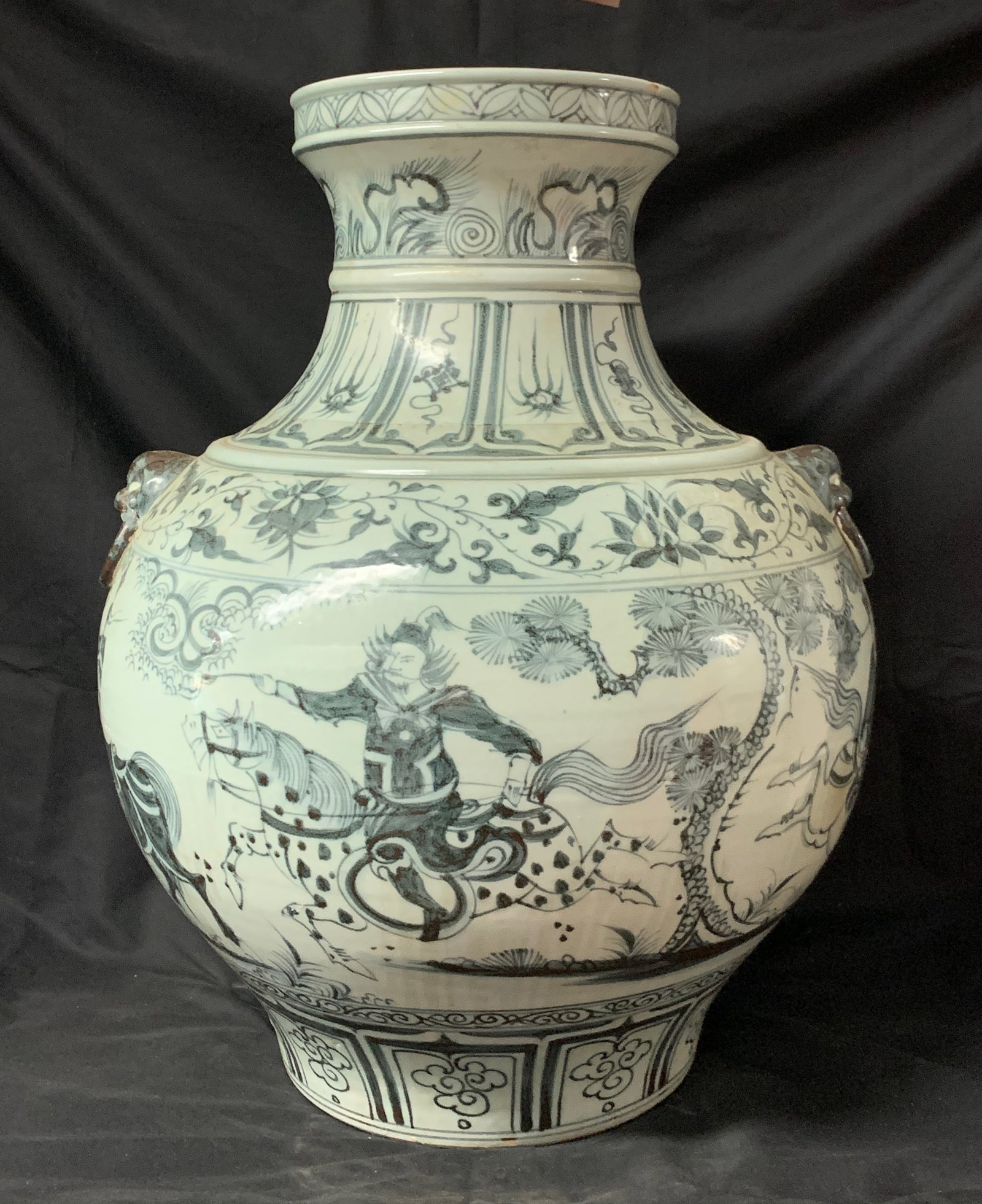 Very Large Porcelain Blue and White Jar: Chinese Art Very Large Blue and White Jar. The dimension is 21.5 inches high x 17 inches wide. Please be aware that some of the items are vintage, secondhand, old ages, antiques and may have a defects