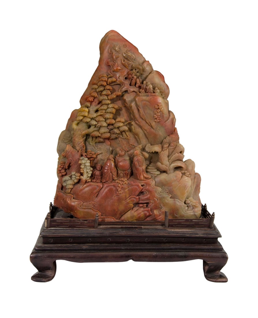 Chinese Carved Soapstone Mountain Scenery Sculpture on Display Stand (1 of 7)