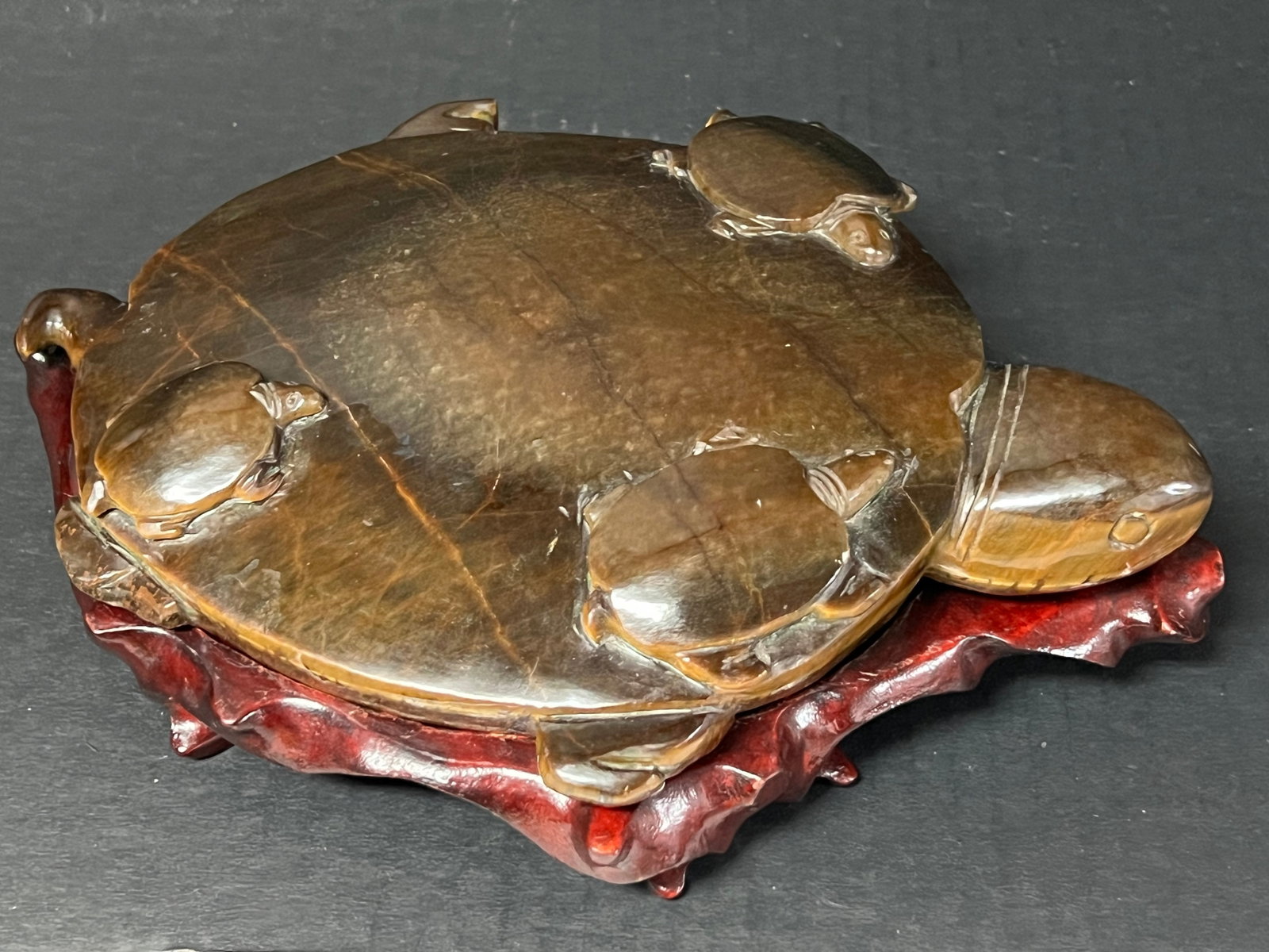 Chinese Carved Tiger Eye Stone Turtle Sculpture on Display Stand (1 of 11)