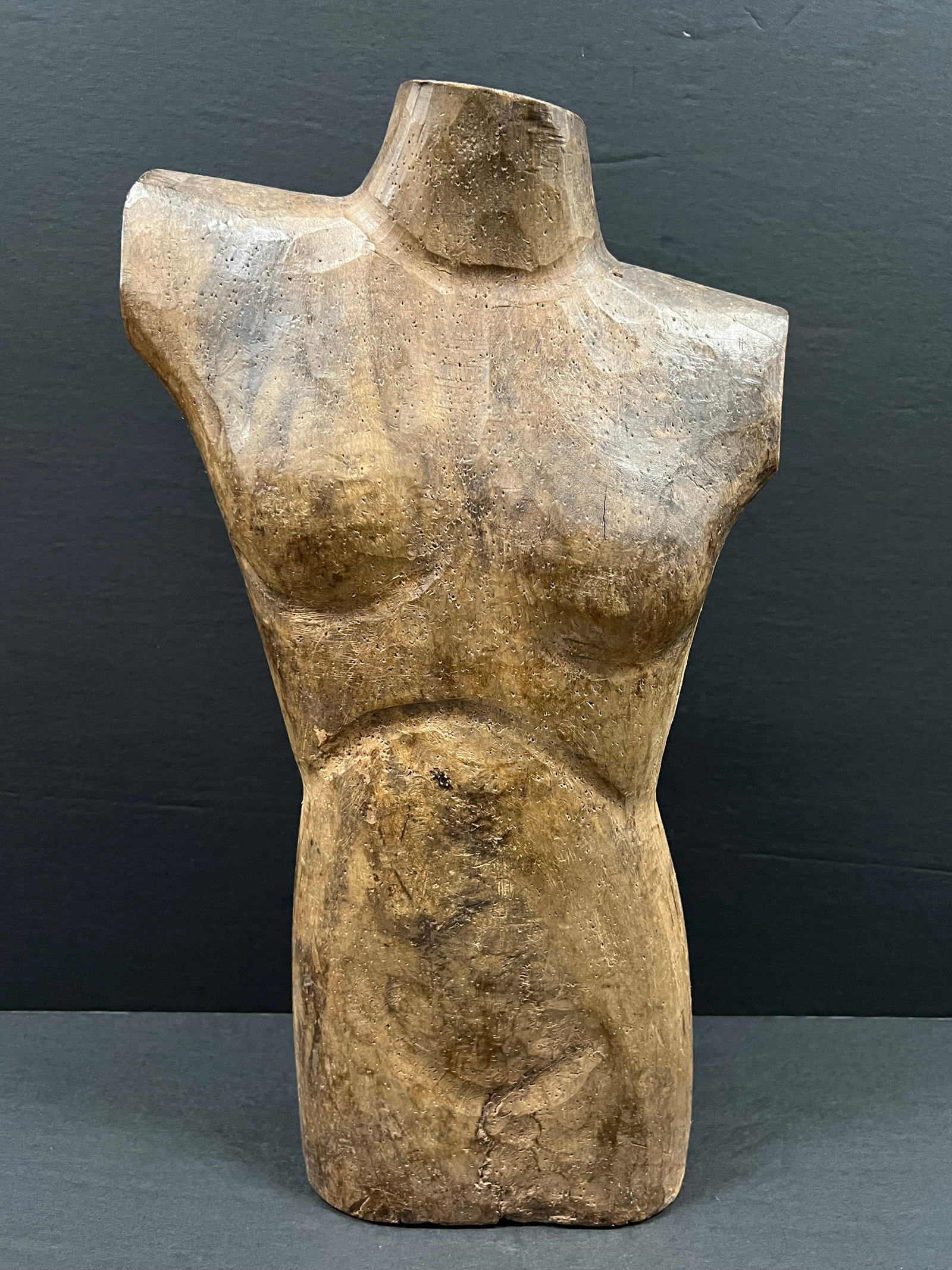 Hand Carved Wooden Mannequin Sculpture: Folk Art Hand Carved Wood Mannequin Sculpture. The dimension is 18 inches high x 10 inches wide. Please be aware that some of the items are vintage, secondhand, old ages, antiques and may have a defec