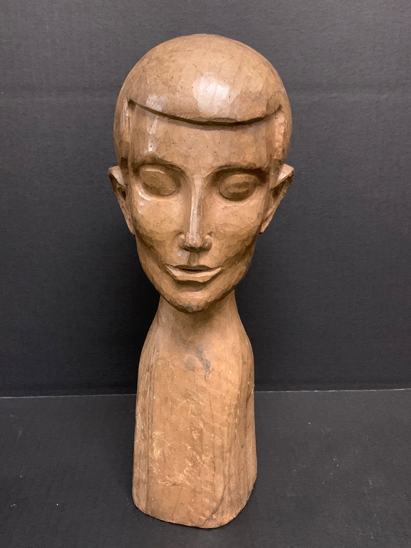 Hand Carved Wooden Male Bust Sculpture: Folk Art Hand Carved Wooden Male Bust Sculpture. The dimension is 14 inches high x 5 inches wide. Please be aware that some of the items are vintage, secondhand, old ages, antiques and may have a defe