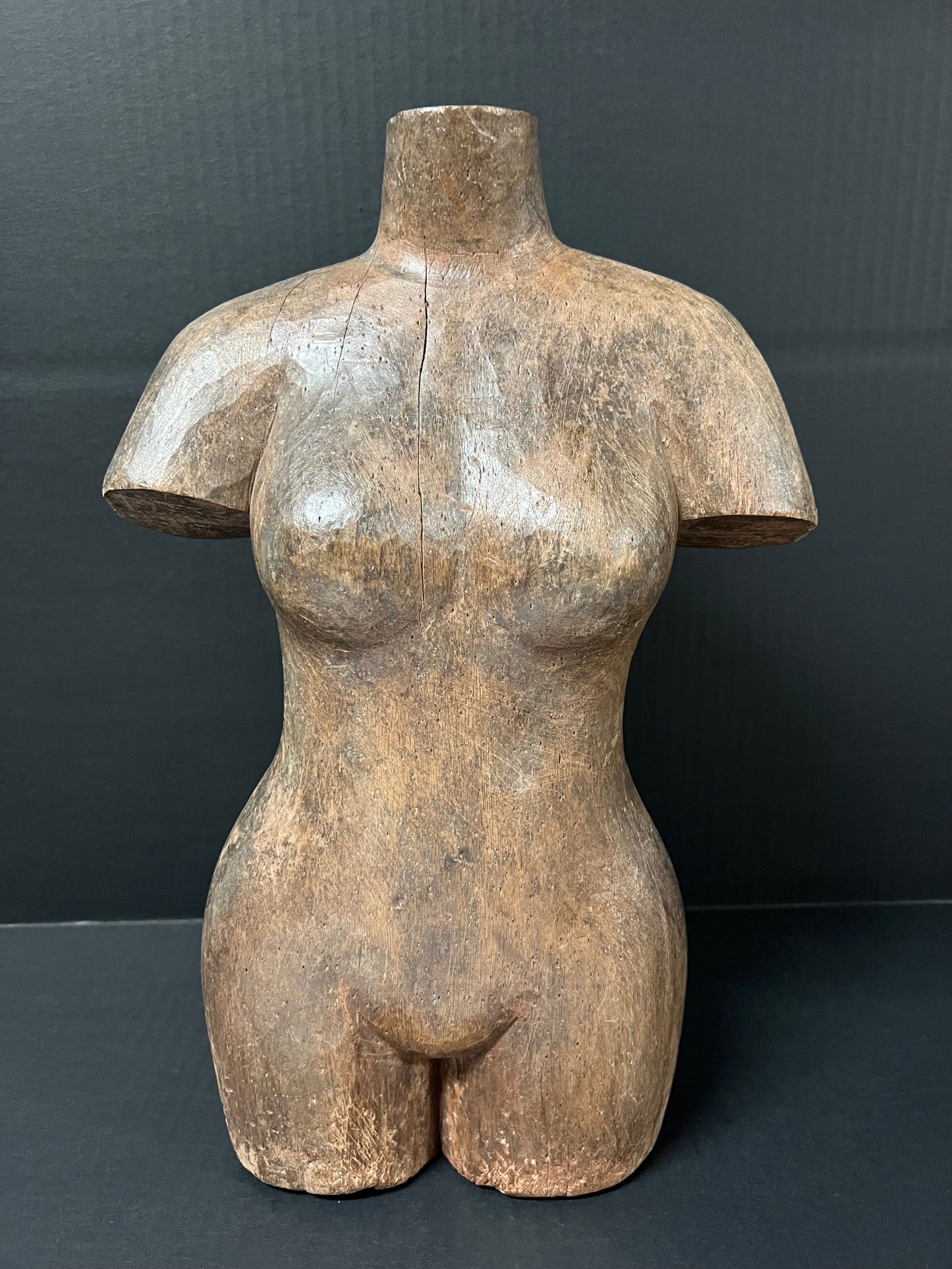 Hand Carved Wooden Female Torso Sculpture: Folk Art Hand Carved Wooden Female Torso Sculpture. The dimension is 14.5 inches high x 9.5 inches wide. Please be aware that some of the items are vintage, secondhand, old ages, antiques and may have