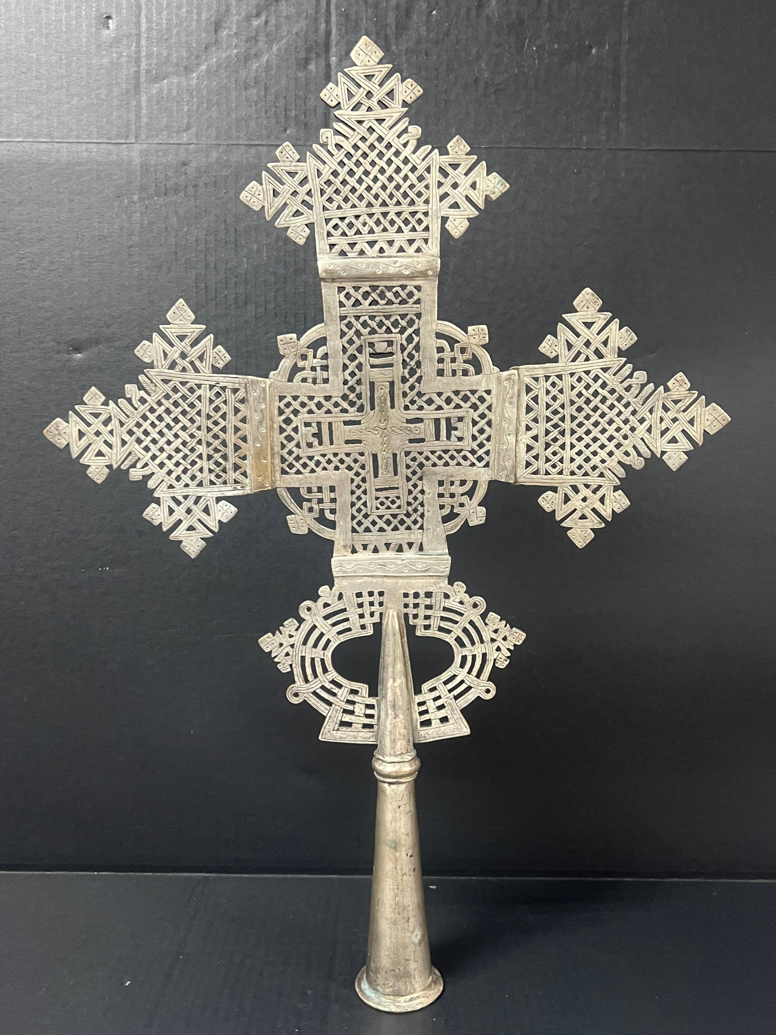Ethiopian Processional Coptic Cross: African Tribal Art Ethiopian Processional Coptic Cross. The dimension is 24.75 inches high x 17.25 inches wide. Please be aware that some of the items are vintage, secondhand, old ages, antiques and