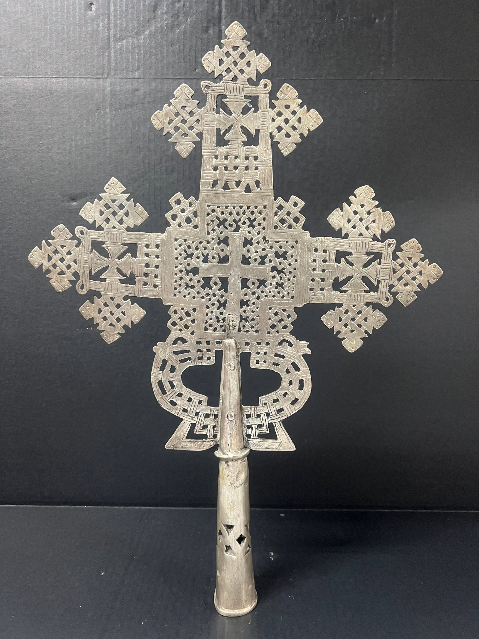 Ethiopian Processional Coptic Cross: African Tribal Art Ethiopian Processional Coptic Cross. The dimension is 22.5 inches high x 15.5 inches wide. Please be aware that some of the items are vintage, secondhand, old ages, antiques and