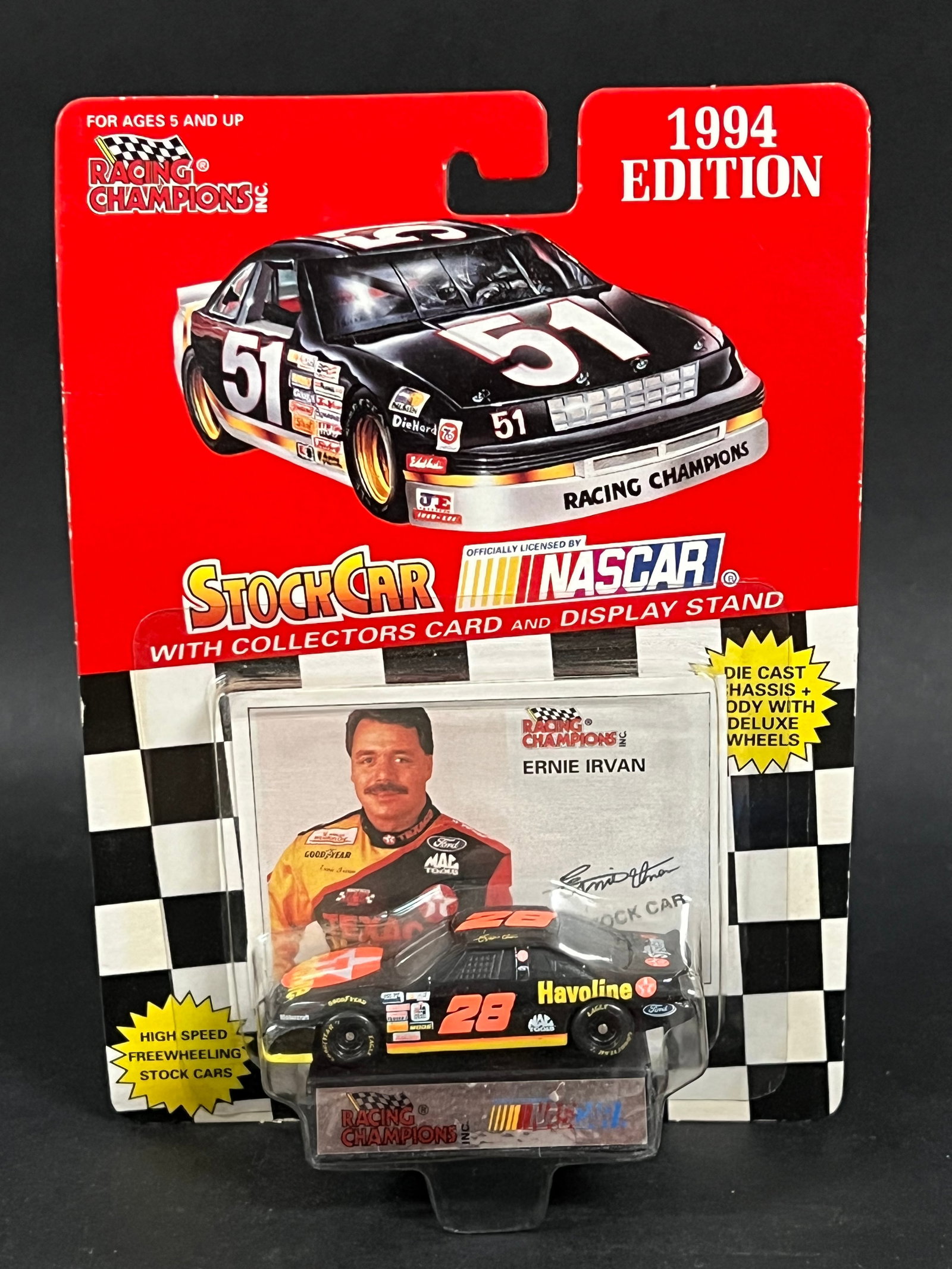 1:64 Scale Die Cast Collector Racing Car: 1:64 Scale Die Cast Collector Racing Car NASCAR 1994 Edition #28 ERNIE IRVAN Original Sealed Packaging. The dimension is 7.75 inches high x 5.5 inches wide. Please be aware that some of the items are 