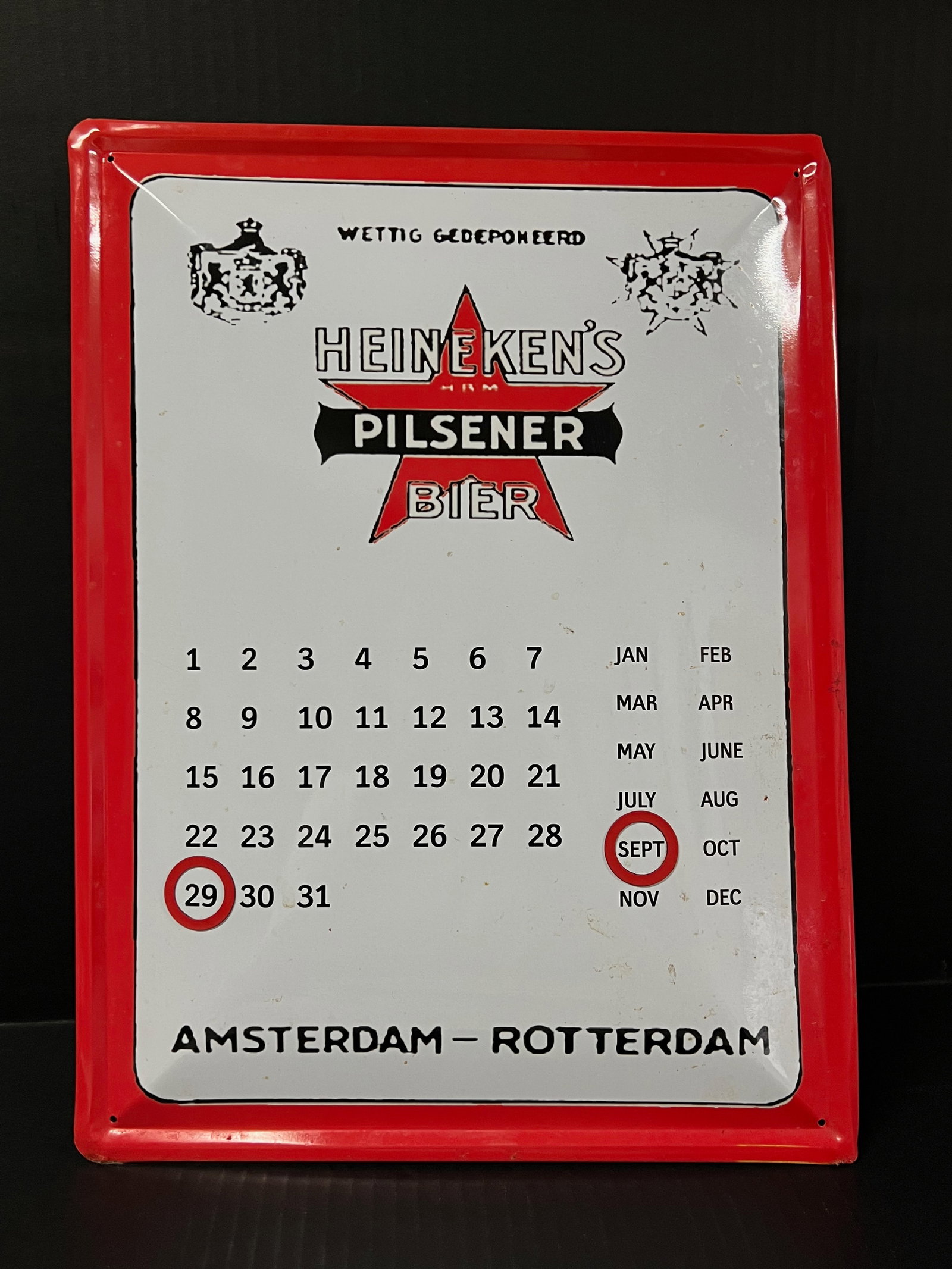 Heineken Wall Calendar Tin Metal Trade Sign: Heeineken Wall Calendar Tin Metal Trade Sign . The dimension is 15.75 inches high x 11.75 inches wide. Please be aware that some of the items are vintage, secondhand, old ages, antiques and may have
