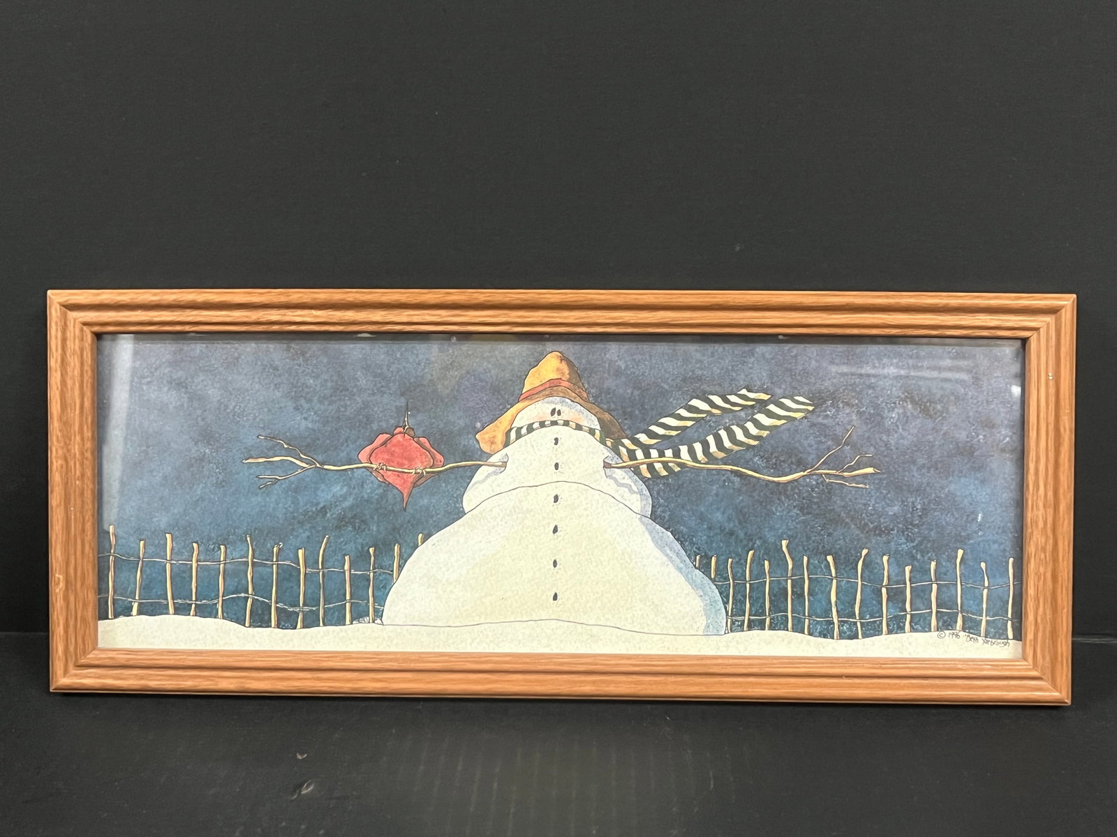 Wooden Framed Snowman Winter Christmas Home Decors: Wooden Framed Snowman Winter Christmas Home Decors. The dimension is 7.5 inches high x 18.25 inches wide. Please be aware that some of the items are vintage, secondhand, old ages, antiques and may hav