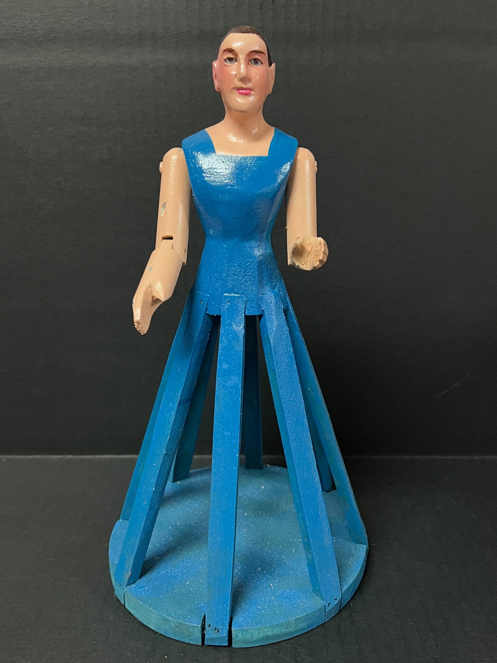 Carved Wood Female Cage Doll With Glass Eyes Religious Figure: Religious Art Carved Wood Female Cage Doll with Glass Eyes . The dimension is 12 inches high x 6.5 inches wide. Please be aware that some of the items are vintage, secondhand, old ages, antiques and m
