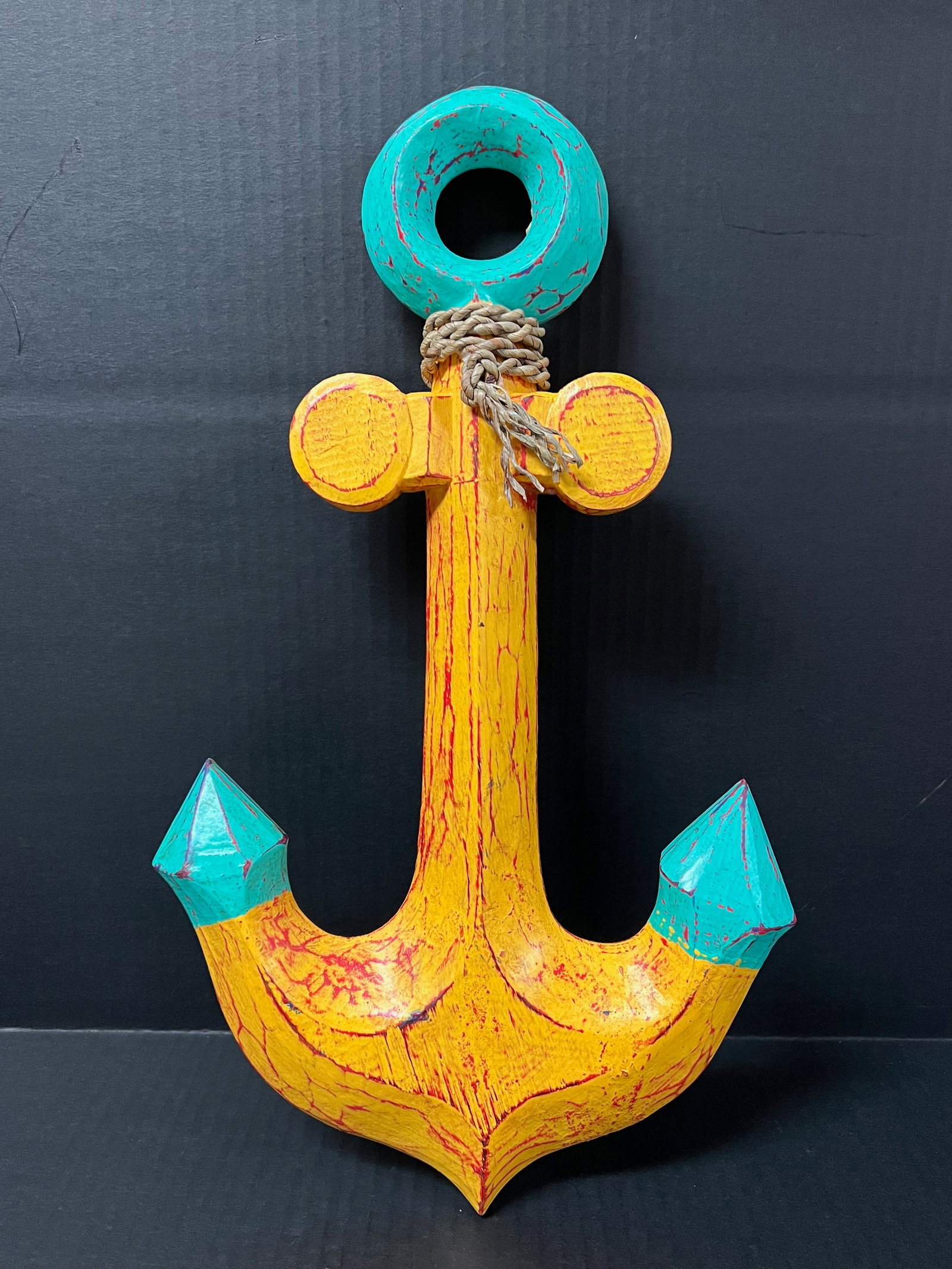 Folk Art Painted Carved Wood Ship Anchor Sculpture: Folk Art Art Carved Wood Ship Anchor Sculpture. The dimension is 17 inches high x 9 inches wide. Please be aware that some of the items are vintage, secondhand, old ages, antiques and may have a