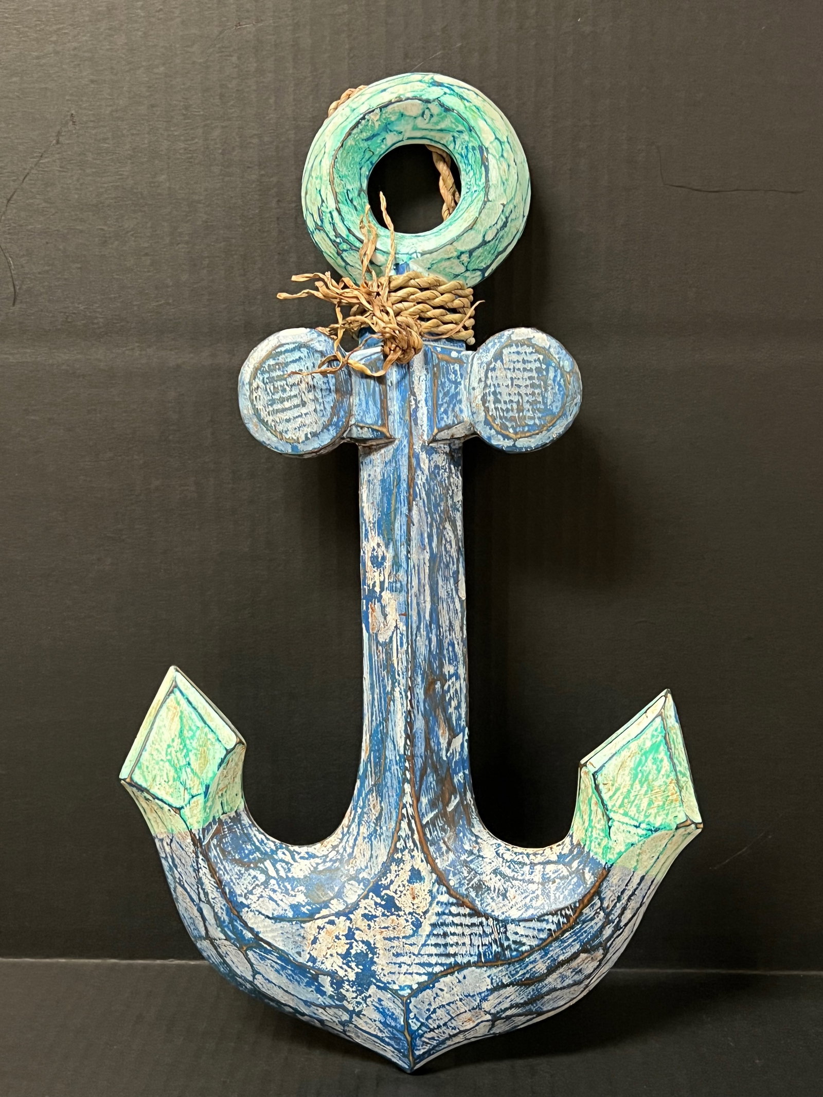 Folk Art Painted Carved Wood Ship Anchor Sculpture: Folk Art Art Carved Wood Ship Anchor Sculpture. The dimension is 17 inches high x 9 inches wide. Please be aware that some of the items are vintage, secondhand, old ages, antiques and may have a