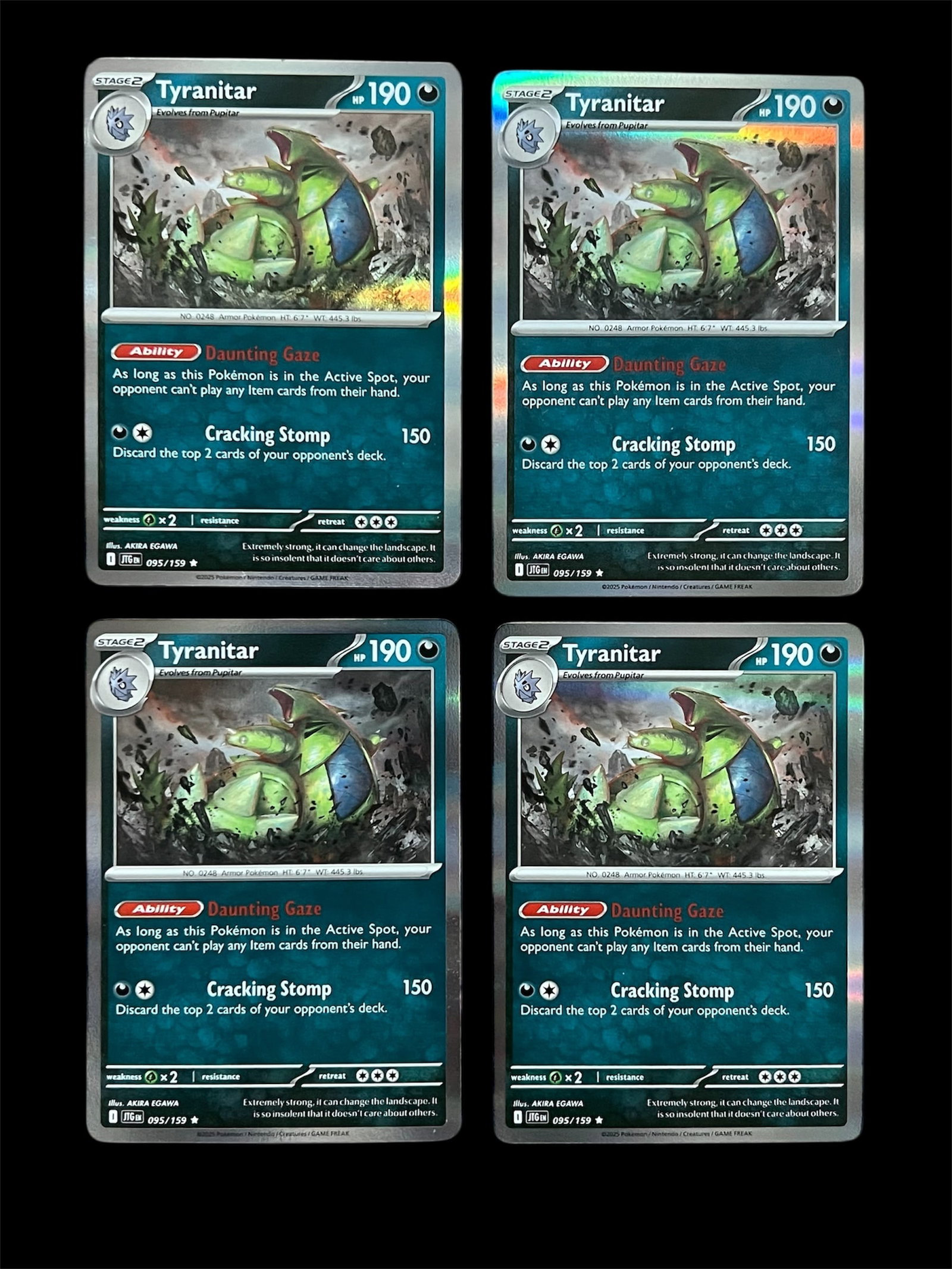 4X Pokemon Trading Card TYRANITAR JTG 095/159 Holofoil: 4X Pokemon Trading Cards TYRANITAR JTG 095/159 Holofoil. The dimension is 3.5 inches high x 2.5 inches wide. Please be aware that some of the items are vintage, secondhand, old ages, antiques and may