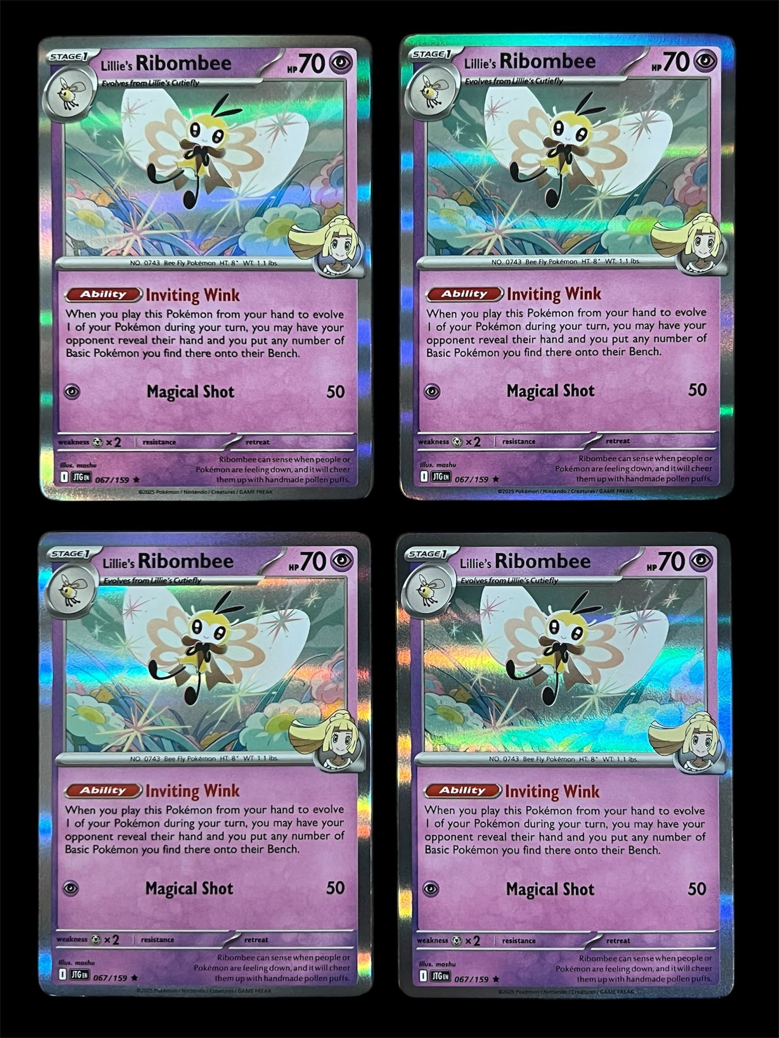 4X Pokemon Trading Card Lillie's RIBOMBEE JTG 067/159 Holofoil: 4X Pokemon Trading Cards Lillie's RIBOMBEE JTG 063/159 Holofoil. The dimension is 3.5 inches high x 2.5 inches wide. Please be aware that some of the items are vintage, secondhand, old ages, antiques