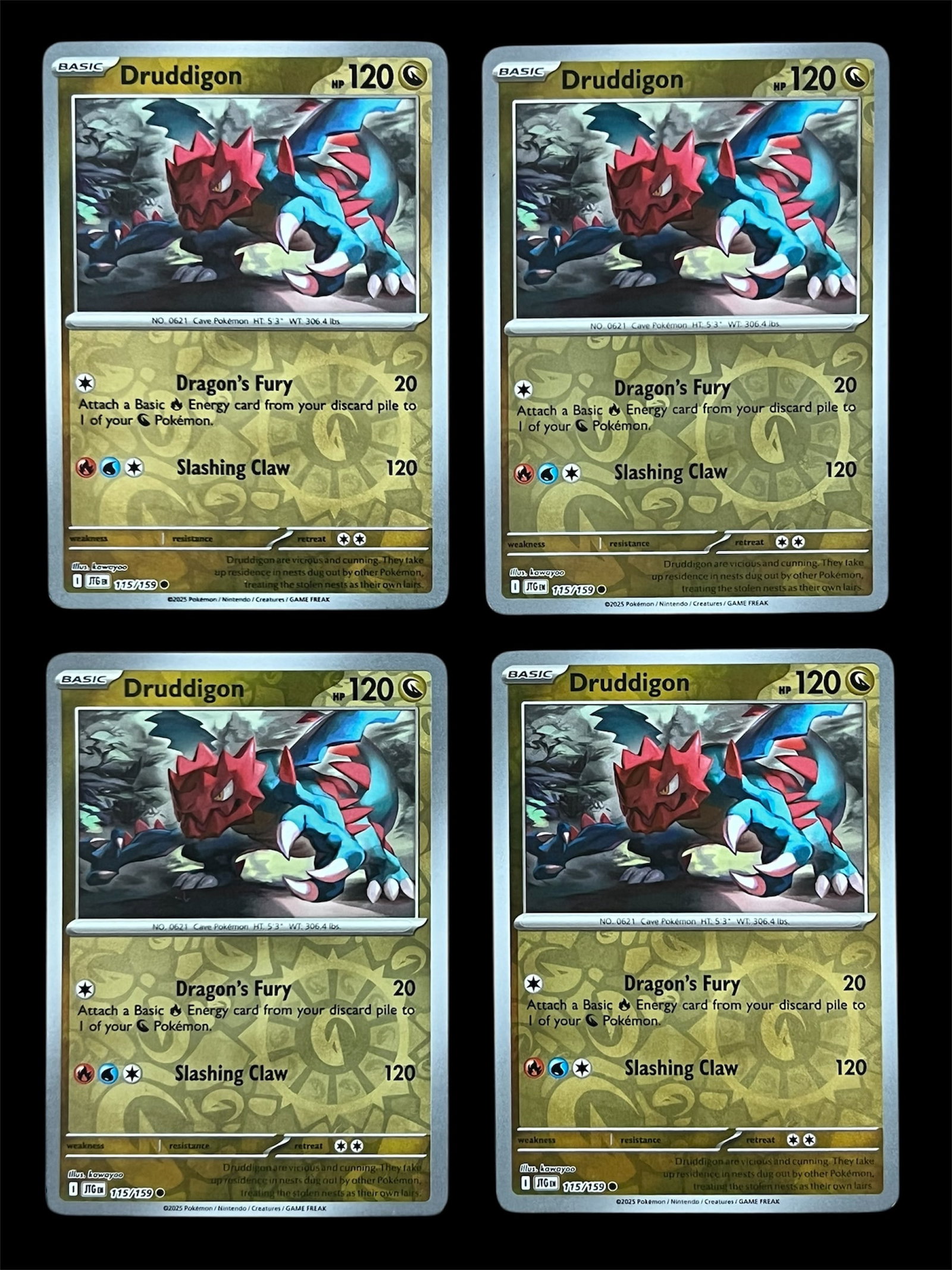 4X Pokemon Trading Cards DRUDDIGON 115/159 Reverse Holofoil: 4X Pokemon Trading Cards DRUDDIGON JTG 115/159 Reverse Holofoil. The dimension is 3.5 inches high x 2.5 inches wide. Please be aware that some of the items are vintage, secondhand, old ages, antiques 