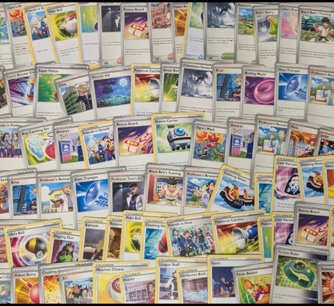 100X TRAINER'S CARD ONLY English Assorted from Various Set Pokemon Trading Cards: 100X TRAINER'S CARD ONLY Assorted from Various Set Pokemon Trading Cards. The dimension is 3.5 inches high x 2.5 inches wide. Please be aware that some of the items are vintage, secondhand, old ages,