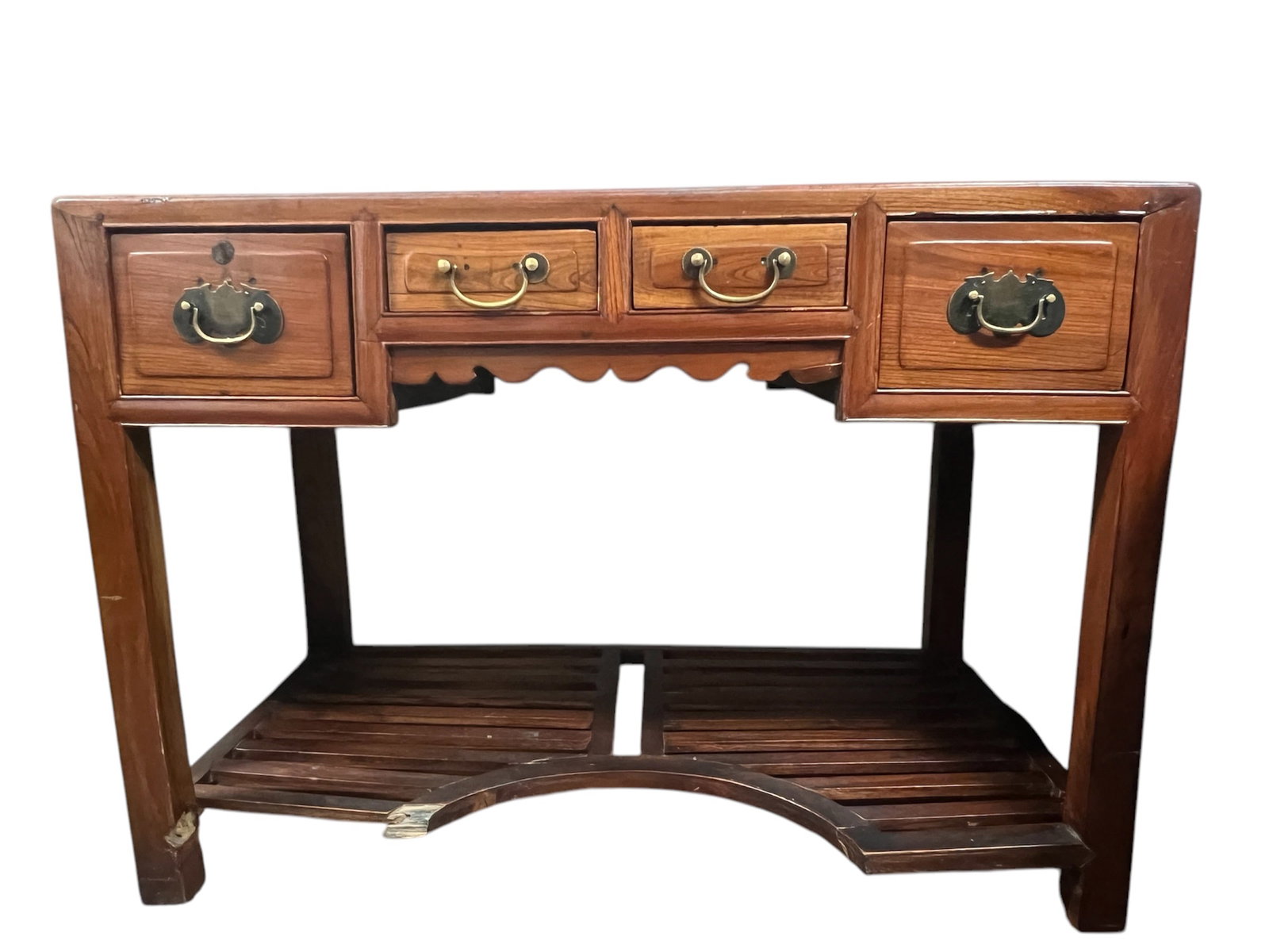 Chinese Art Carved Wood Writing Desk Furniture: Chinese Art Carved Wood Writing Desk Furniture. The dimension is 32 inches high x 45.25 inches wide x 23 inches depth. Please be aware that some of the items are vintage, secondhand, old ages,