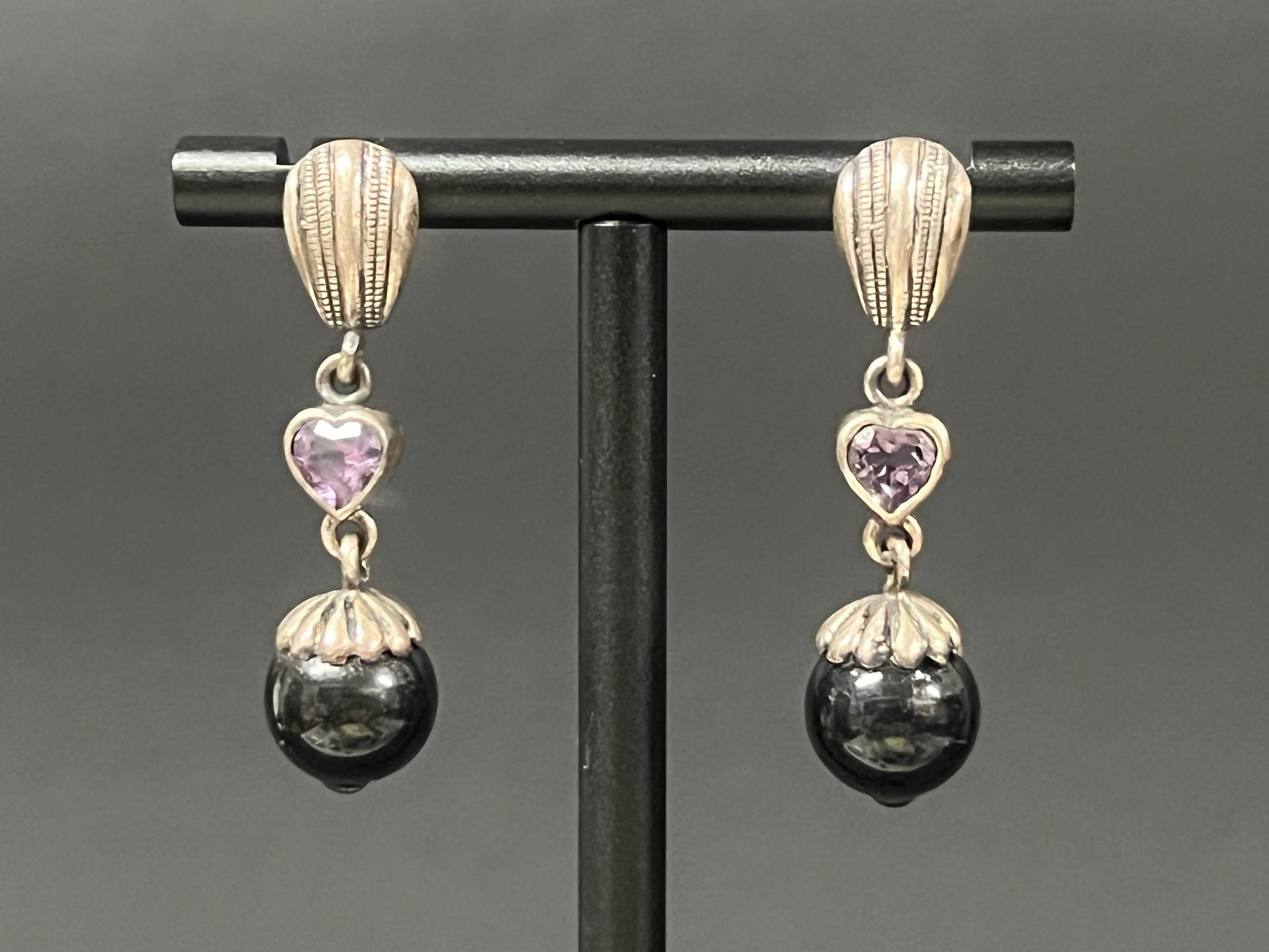 Silver Gilt Drop Earrings with Heart Shapes Stone and Black Beads: Silver Gilt Drop Earrings with heart Shapes Stone and Black Beads. The dimension is 2 inches high x .5 inches wide. Please be aware that some of the items are vintage, secondhand, old ages, antiques a
