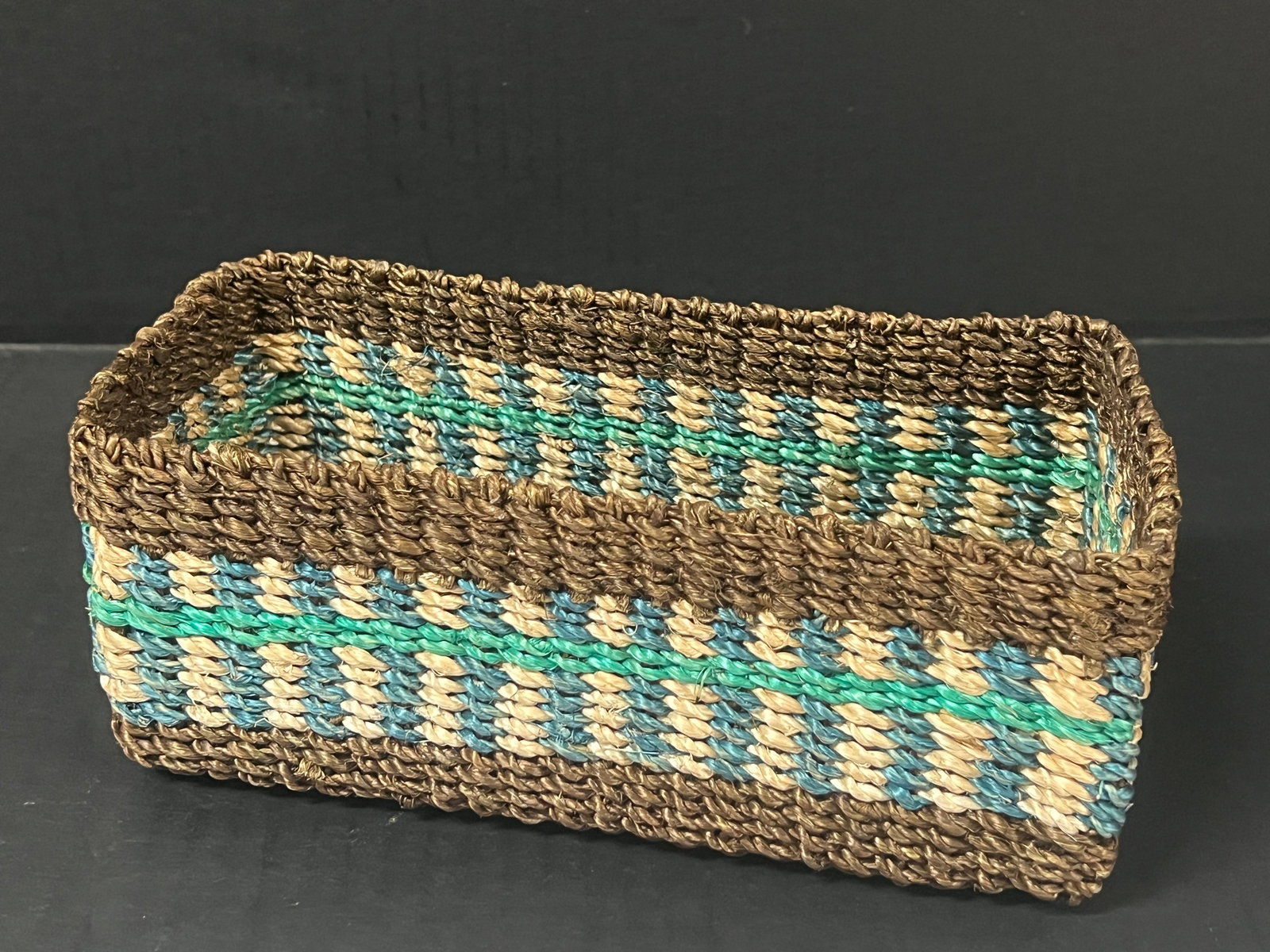 Hand Woven Natural Abaca Fiber Basket Storage: Hand Woven Natural Abaca Fiber Basket Storage with Geometric Pattern. The dimension is 3.25 inches high x 8.5 inches wide. Please be aware that some of the items are vintage, secondhand, old ages, ant