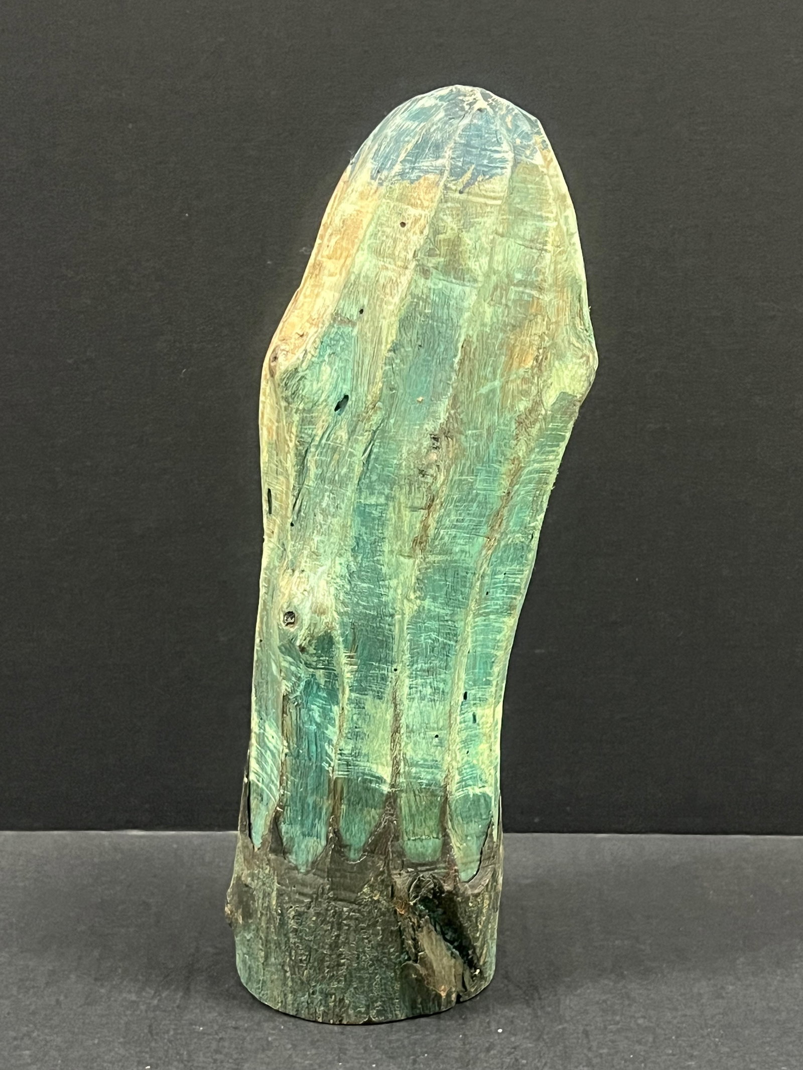 Carved Wood Cactus Sculpture: Folk Art Carved Wood Cactus Sculpture. The dimension is 12 inches high x 5 inches wide. Please be aware that some of the items are vintage, secondhand, old ages, antiques and may have a defects or