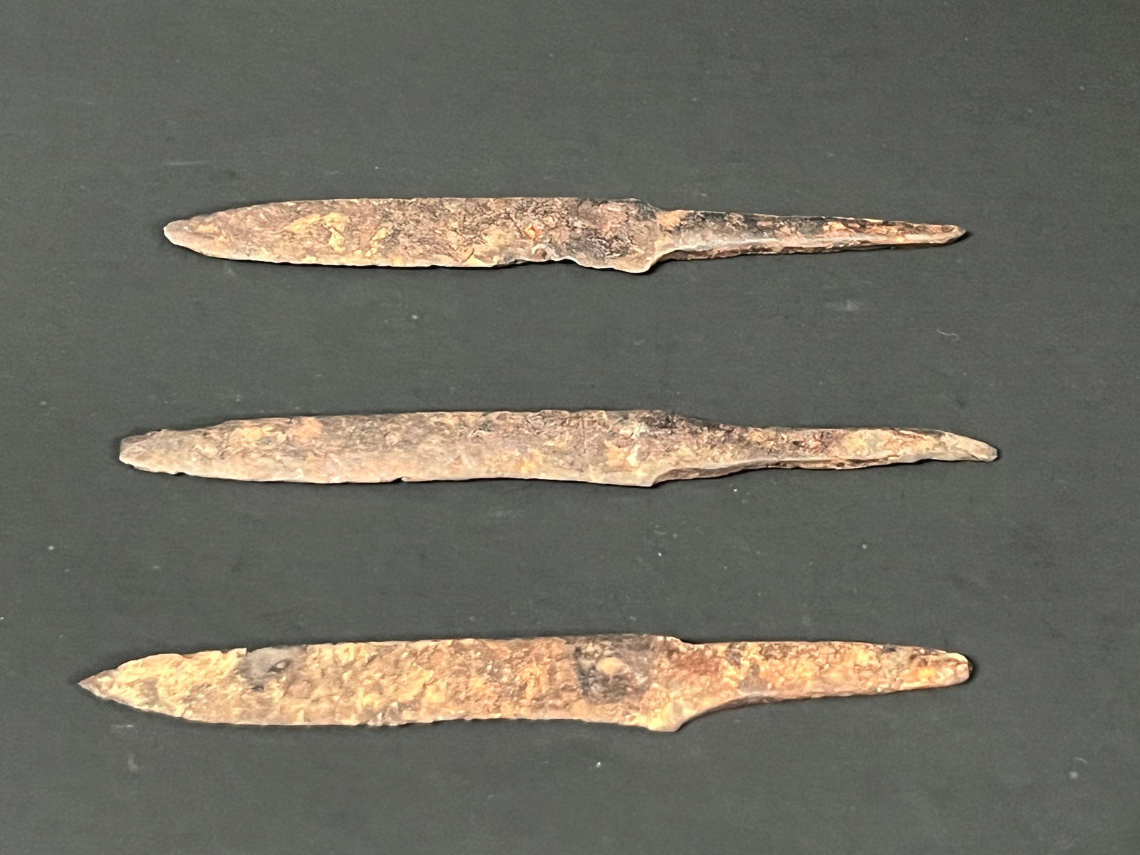 Medieval Iron Viking Small Pouch Knives Lot of 3: Medieval Iron Viking Small Pouch Knives Lot of 3. The dimension is 3 inches high x .25 inches wide. Please be aware that some of the items are vintage, secondhand, old ages, antiques and may have a de