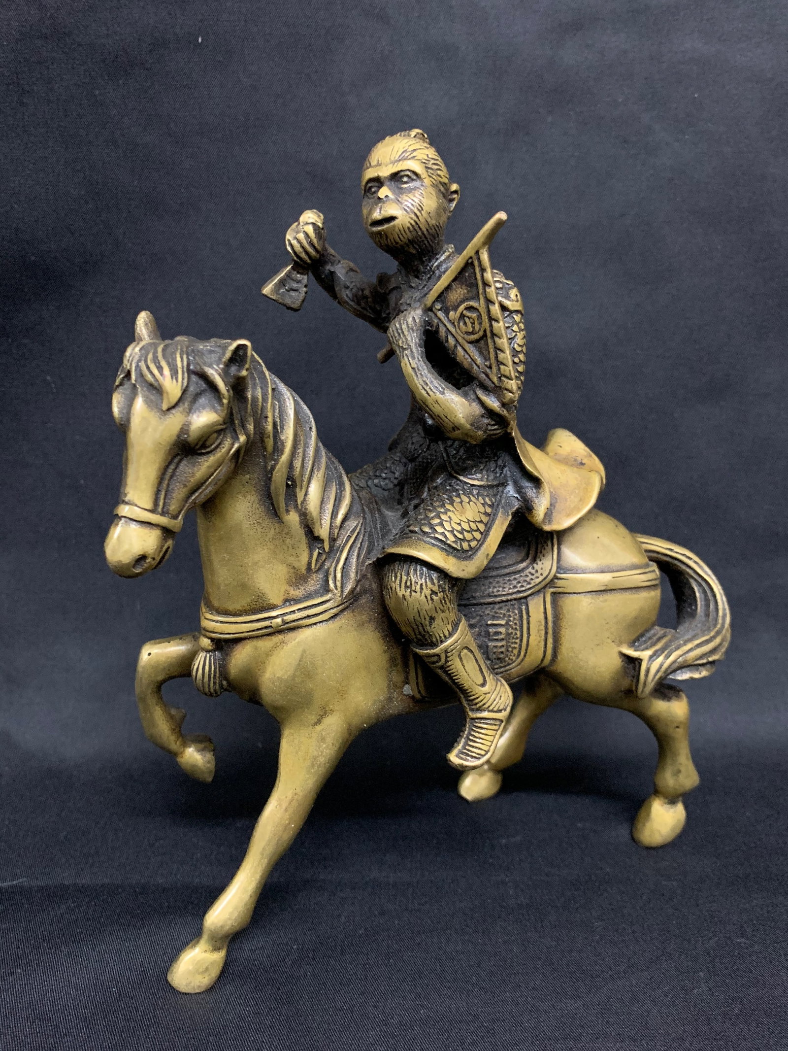 Vintage Gold Gilt Bronze Horse with Monkey Rider Sculpture: Vintage Gold Gilt Bronze Horse with Monkey Rider Sculpture. The dimension is 7 inches high x 6 inches wide. Please be aware that some of the items are vintage, secondhand, old ages, antiques and may