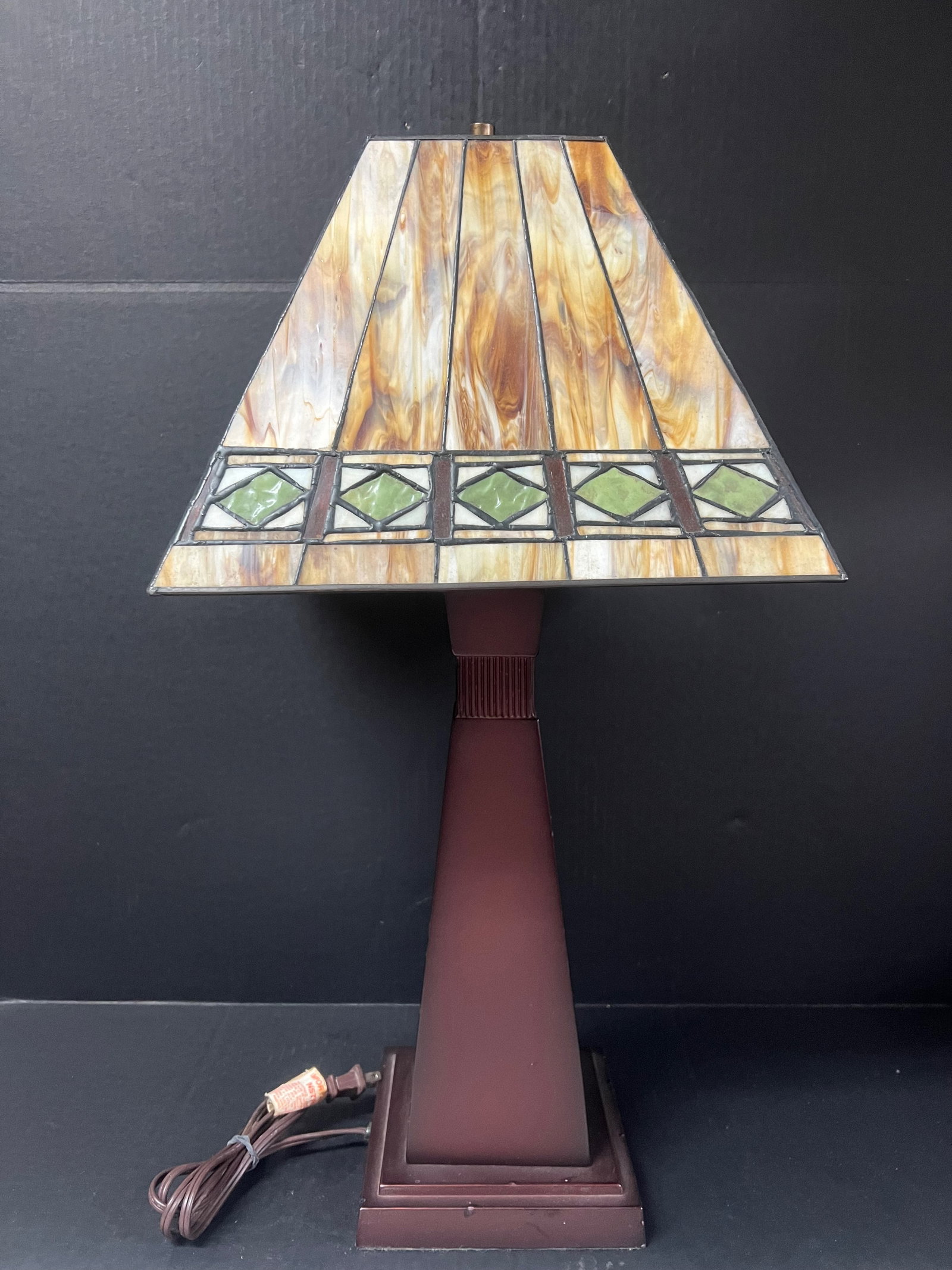 Vintage Stained Glass Table Lamp: Vintage Stained Glass Table Lamp. The dimension is 26 inches high x 13.5 inches wide. Please be aware that some of the items are vintage, secondhand, old ages, antiques and may have a defects or sign