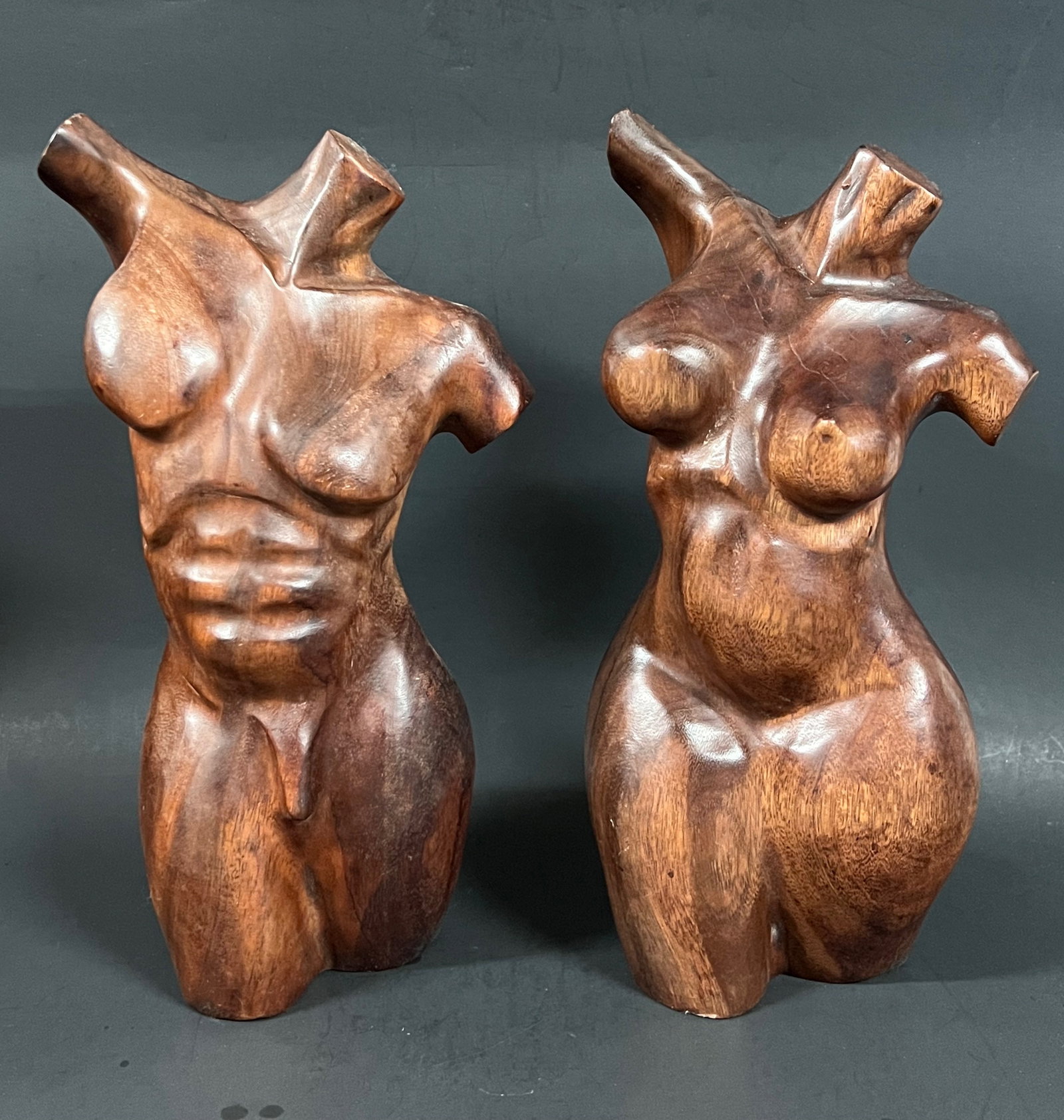 Vintage Pair of Carved Wooden Male and Female Torso Sculpture: Vintage Pair of Carved Wooden Male and Female Torso Sculpture. The dimension is 11 inches high x 6 inches wide. Please be aware that some of the items are vintage, secondhand, old ages, antiques and