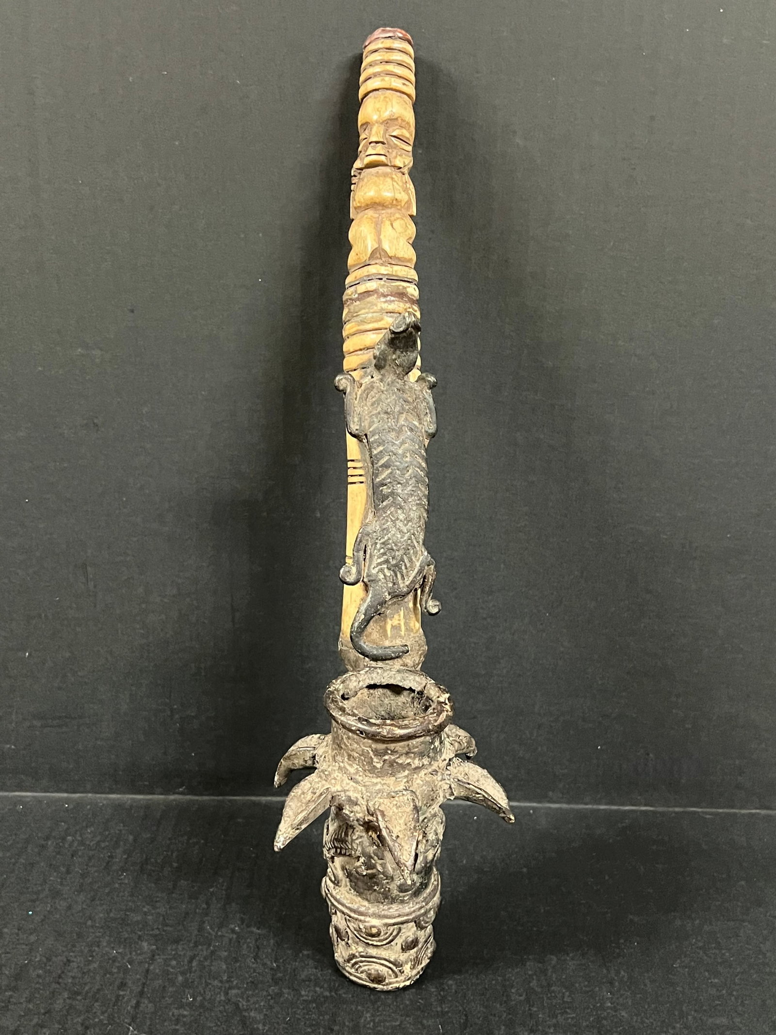 Bamileke Bronze and Bone Pipe: African Tribal Art Bamileke Bronze and Bone Pipe. The dimension is 14 inches high x 3.5 inches wide. Please be aware that some of the items are vintage, secondhand, old ages, antiques and may have a