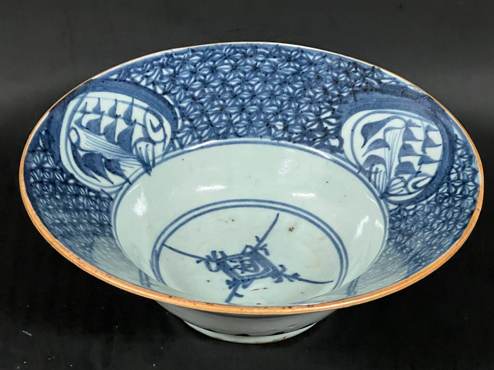 Porcelain Blue and White Bowl: Chinese Art Porcelain Blue and White Bowl. The dimension is 2.5 inches high x 7 inches wide. Please be aware that some of the items are vintage, secondhand, old ages, antiques and may have a defects