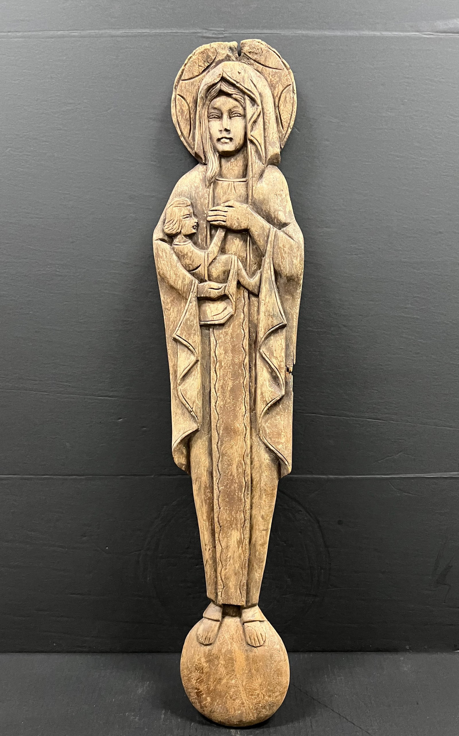 Vintage Religious Art Carved Wood Virgin Mary and Baby Jesus Christ Wall Plaque Sculpture: Vintage Religious Art Carved Wood Virgin Mary and Baby Jesus Christ Wall Plaque Sculpture. The dimension is 35.5 inches high x 8 inches wide. Please be aware that some of the items are vintage, second