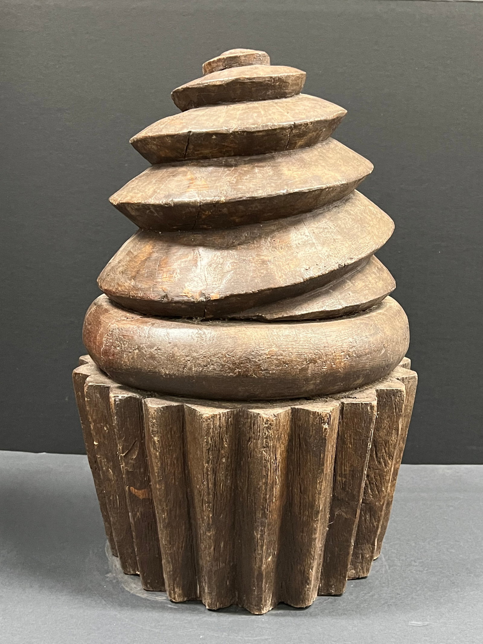 Folk Art Hand Carved Wooden Largev CupCake Sculpture: Vintage Folk Art Hand Carved Wooden Cupcake Decor Sculpture. The dimension is 20 inches high x 14 inches wide. Please be aware that some of the items are vintage, secondhand, old ages, antiques and ma