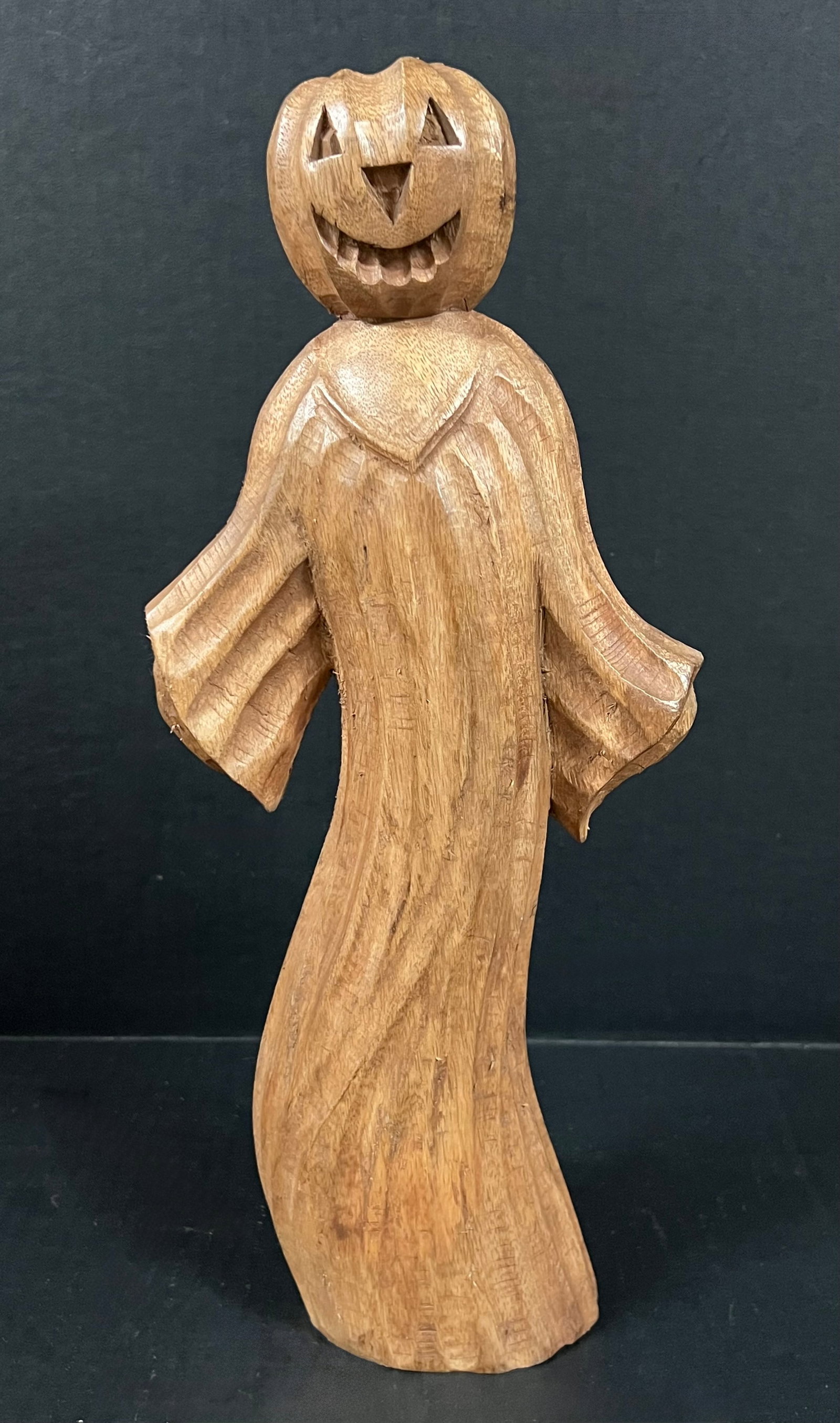 Folk Art Hand Carved Wooden Jack o Lantern Pumpkin Head Sculpture (1 of 6)