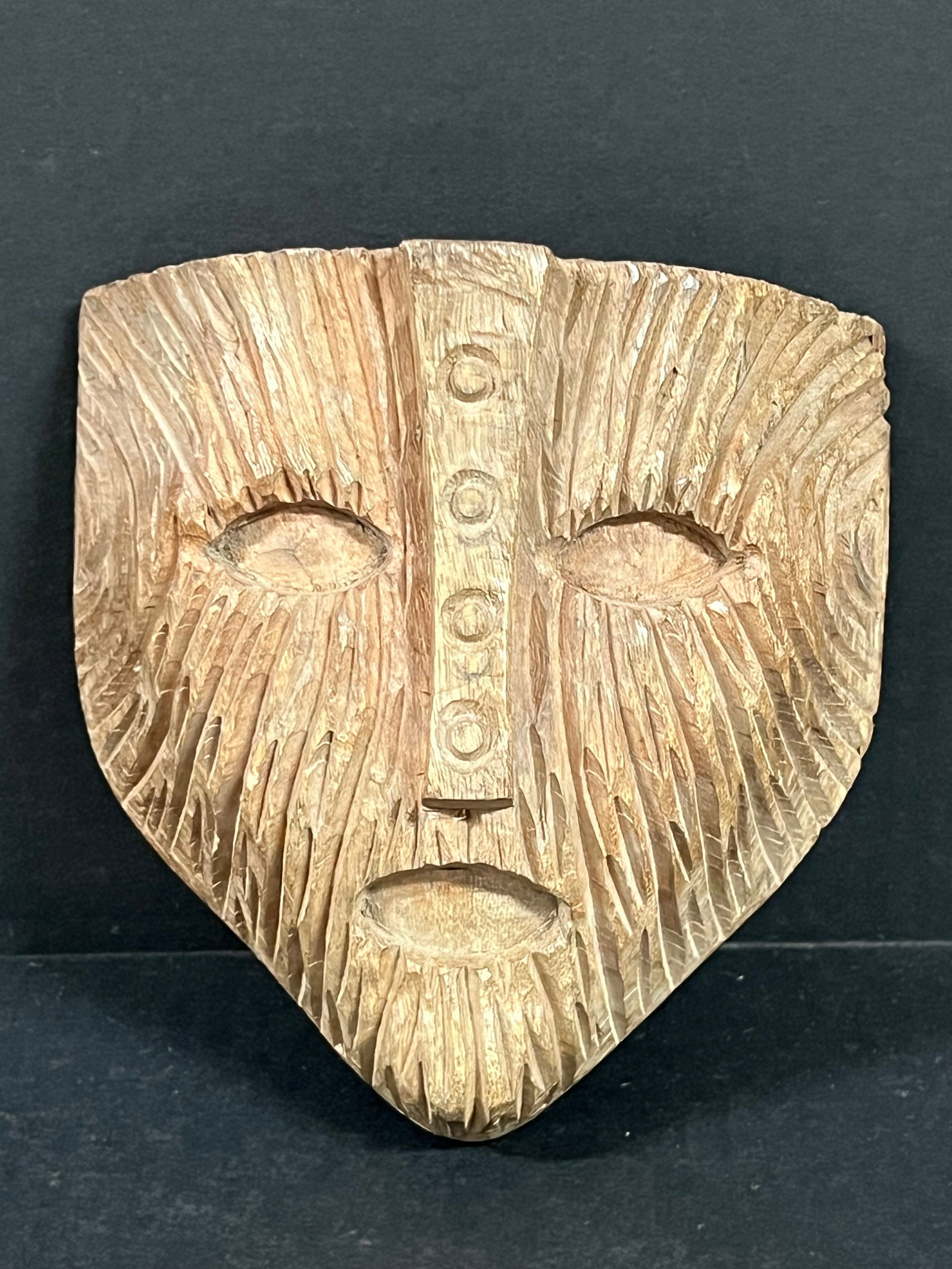 Folk Art Hand Carved Wooden Face Mask Wall Plaque Sculpture: Vintage Folk Art Hand Carved Wooden Face Mask Wall Plaque Home Decor Sculpture. The dimension is 6.25 inches high x 6 inches wide. Please be aware that some of the items are vintage, secondhand, old a