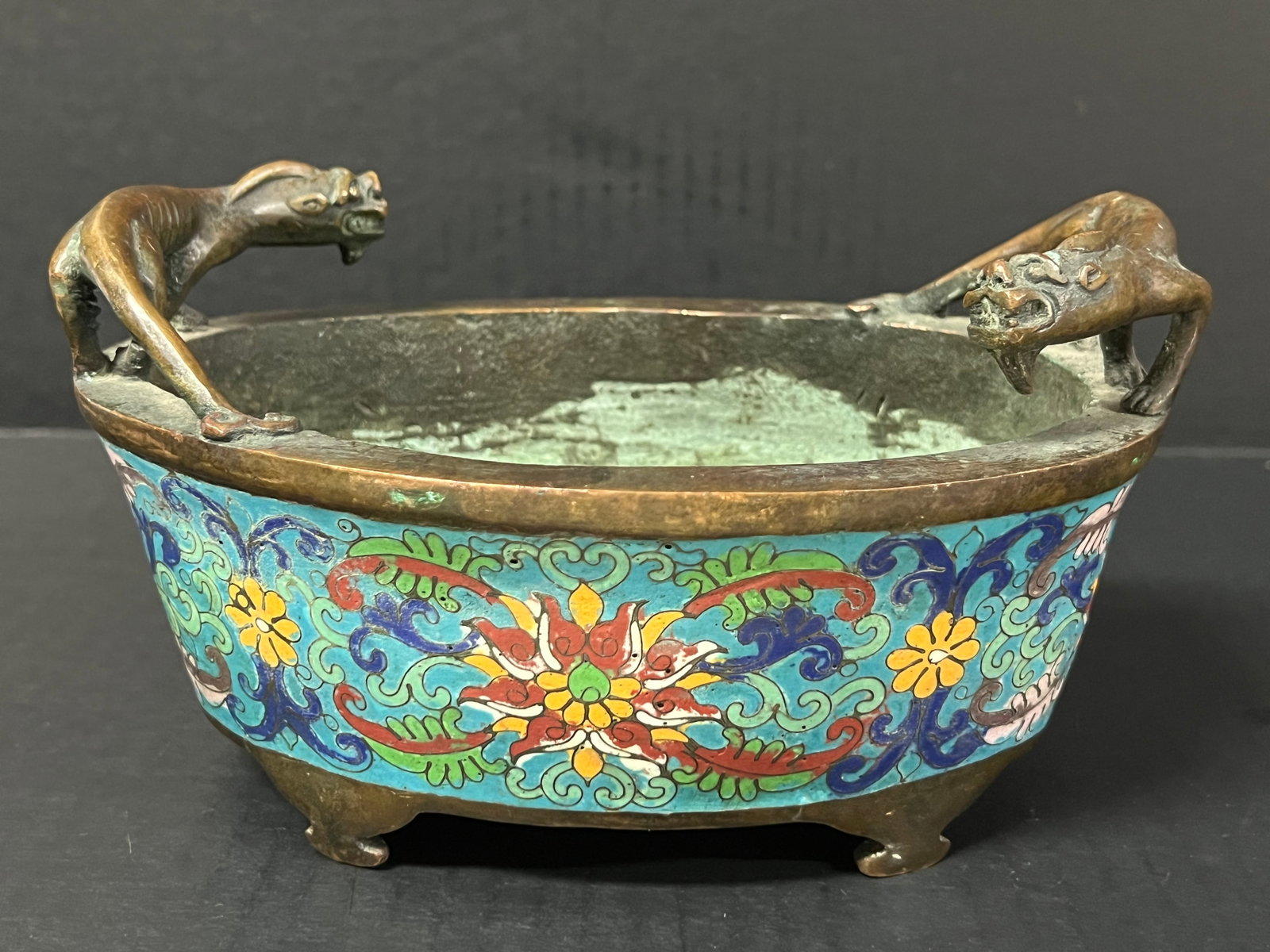 Chinese Art Cloisonné And Bronze Incense Burner: Chinese Art Cloisonne and Bronze Incense Burner. The Opening dimension is 4.5 inches high x 5.5 inches wide. Please be aware that some of the items are vintage, secondhand, old ages, antiques and may 