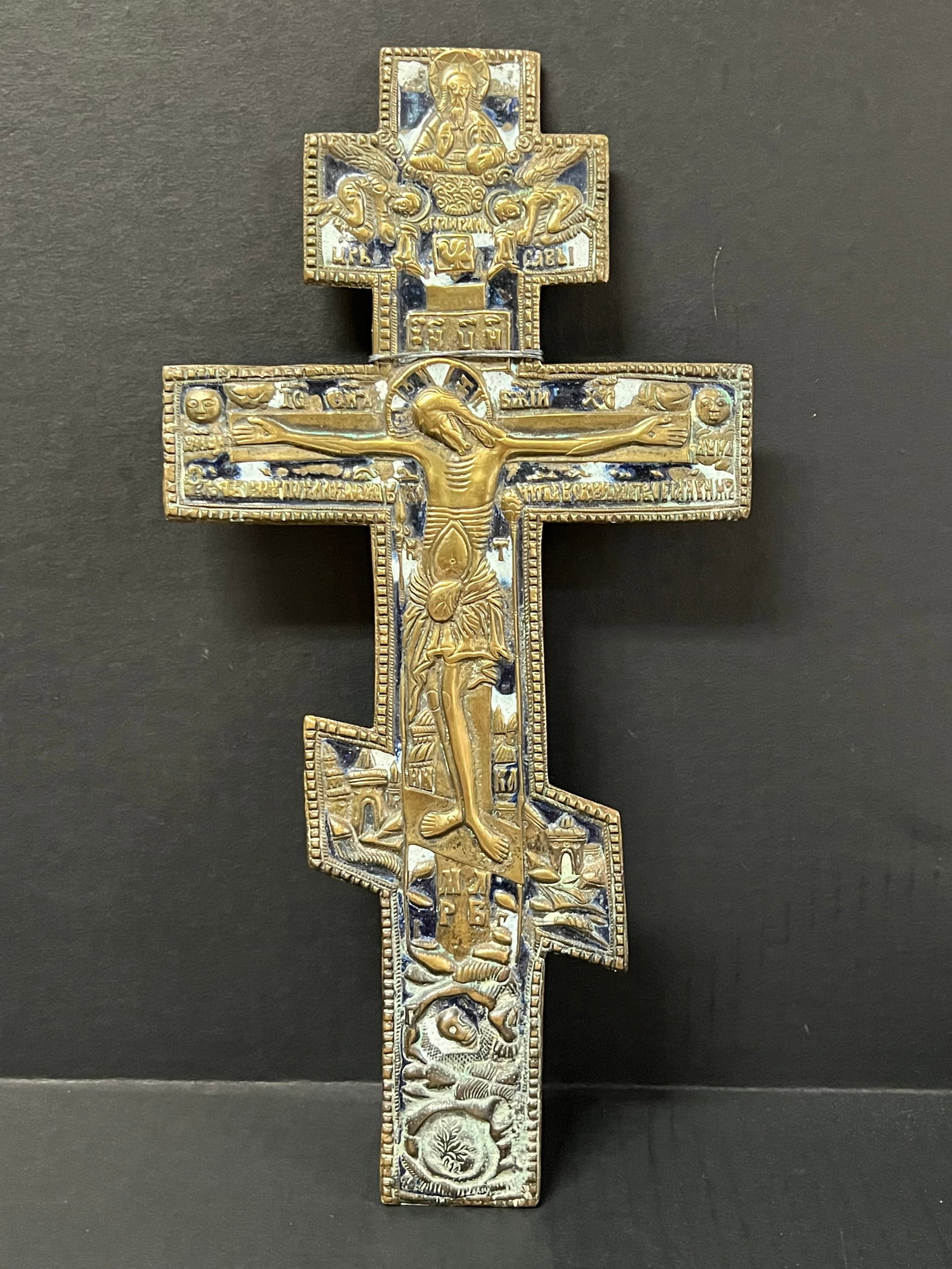 Vintage Russian Art Orthodox Bronze Metal and Enamel Cross: Vintage Russian Art Orthodox Bronze Metal and Enamel Cross. The dimension is 13.75 inches high x 7 inches wide. Please be aware that some of the items are vintage, secondhand, old ages, antiques and m