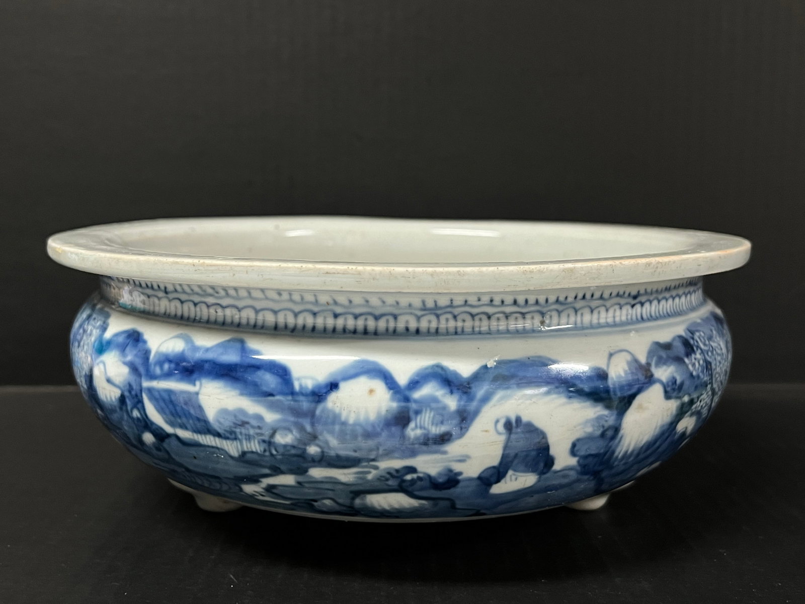 Chinese Art Porcelain Blue and White Incense Burner: Chinese Art Porcelain Blue and White Incense Burner. The dimension is 3 inches high x 11 inches wide. Please be aware that some of the items are vintage, secondhand, old ages, antiques and may have a
