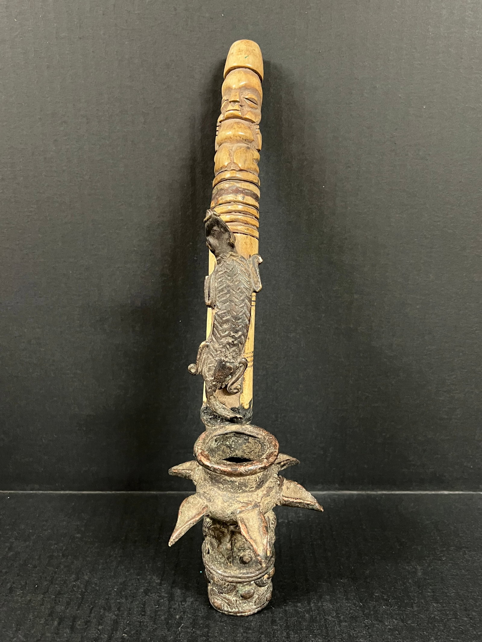 Bamileke Bronze and Bone Pipe: African Tribal Art Carved Wood and Bronze Bamileke Pipe. The dimension is 14 inches high x 4.5 inches wide. Please be aware that some of the items are vintage, secondhand, old ages, antiques and may h