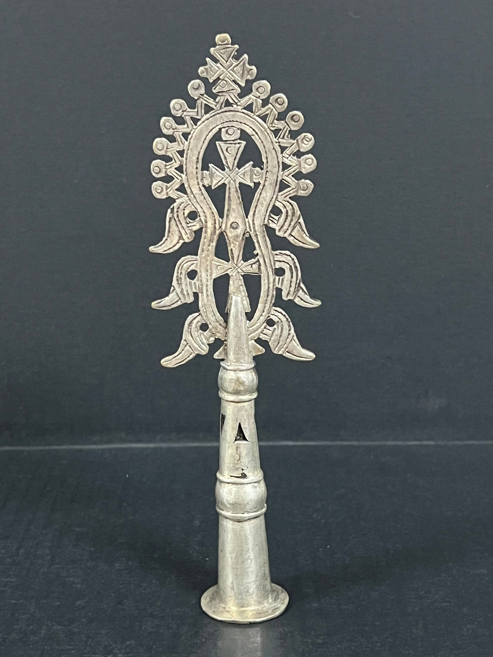 Ethiopian Metal Processional Coptic Cross: African Tribal Art Ethiopian Metal Processional Coptic Cross. The dimension is 8.75 inches high x 2.5 inches wide. Please be aware that some of the items are vintage, secondhand, old ages, antiques an