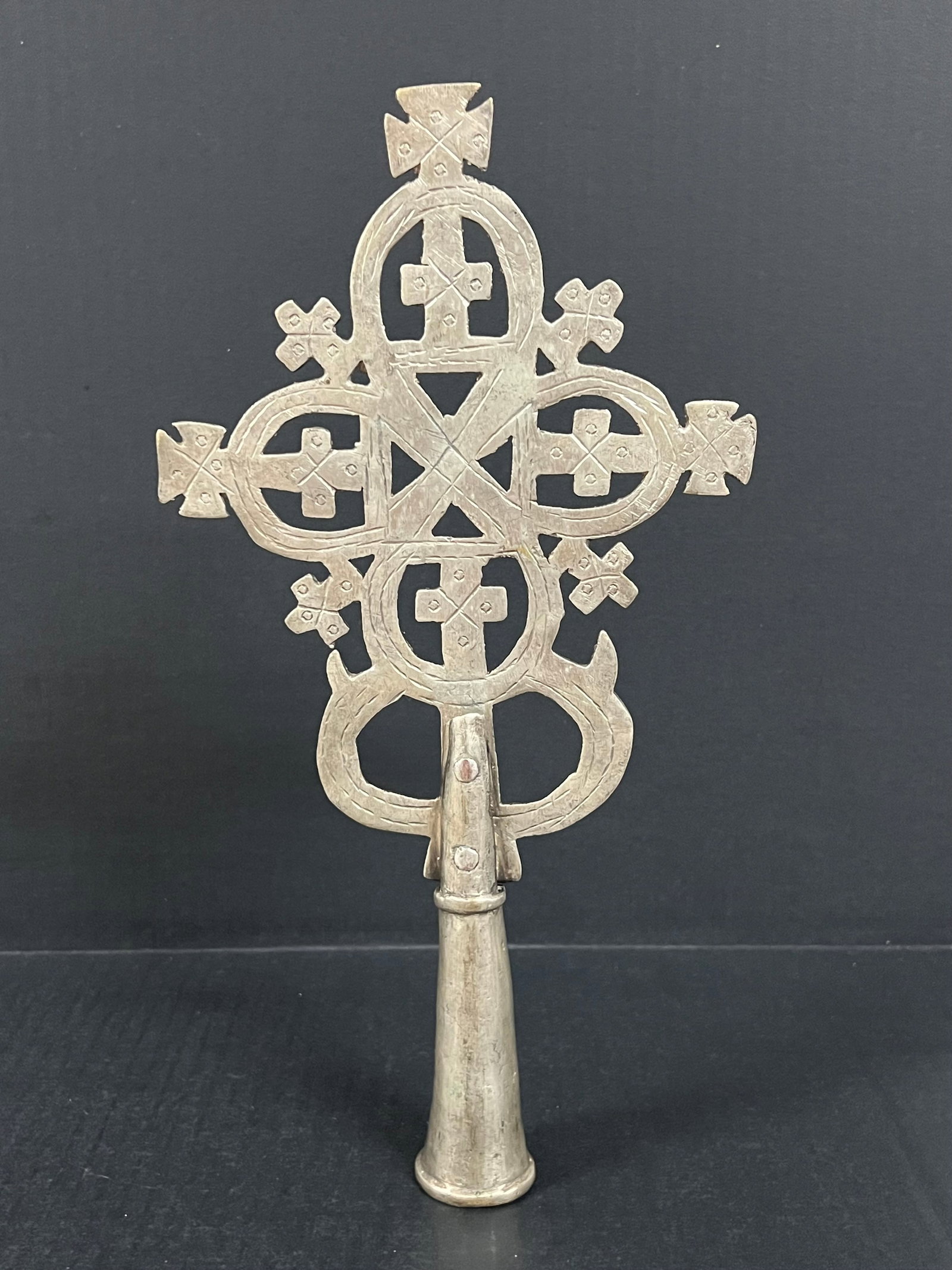 Ethiopian Metal Processional Coptic Cross: African Tribal Art Ethiopian Metal Processional Coptic Cross. The dimension is 13 inches high x 6.75 inches wide. Please be aware that some of the items are vintage, secondhand, old ages, antiques and