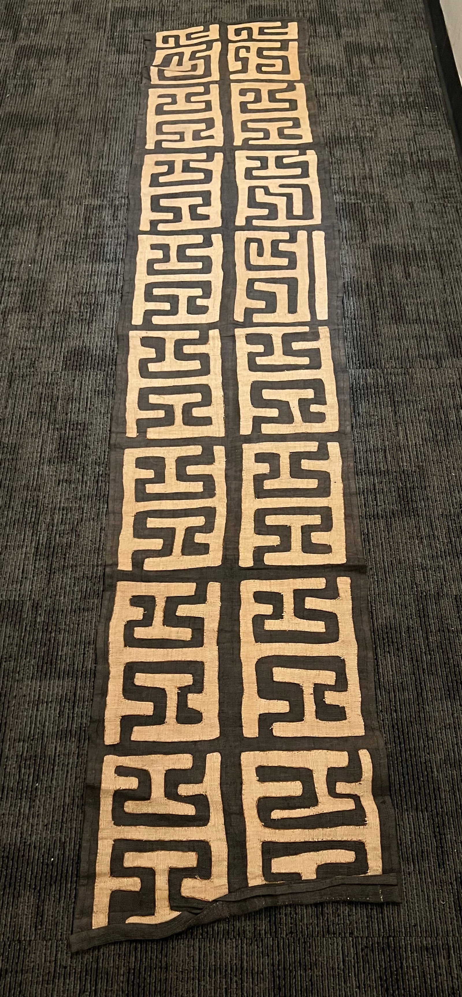 Kuba Cloth: African Tribal Art Kuba Cloth. The dimension is 112 inches long x 22 inches wide. Please be aware that some of the items are vintage, secondhand, old ages, antiques and may have a defects or sign of