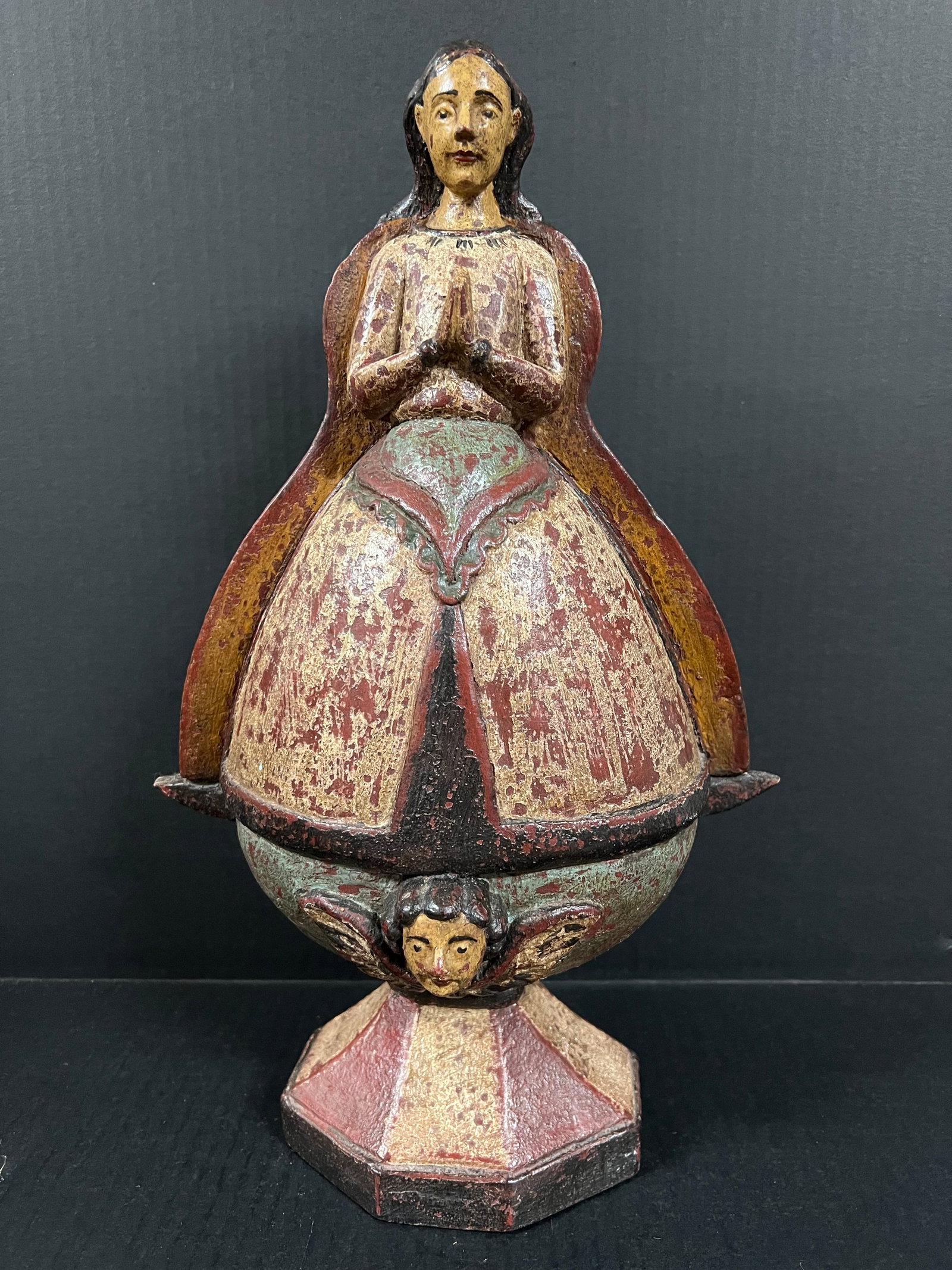 Carved Wood Blessed Virgin Mary Sculpture - Bell Shaped: Religious Art Carved Wood Virgin Mary Sculpture. The dimension is 16.5 inches high x 10.5 inches wide. Please be aware that some of the items are vintage, secondhand, old ages, antiques and may have a
