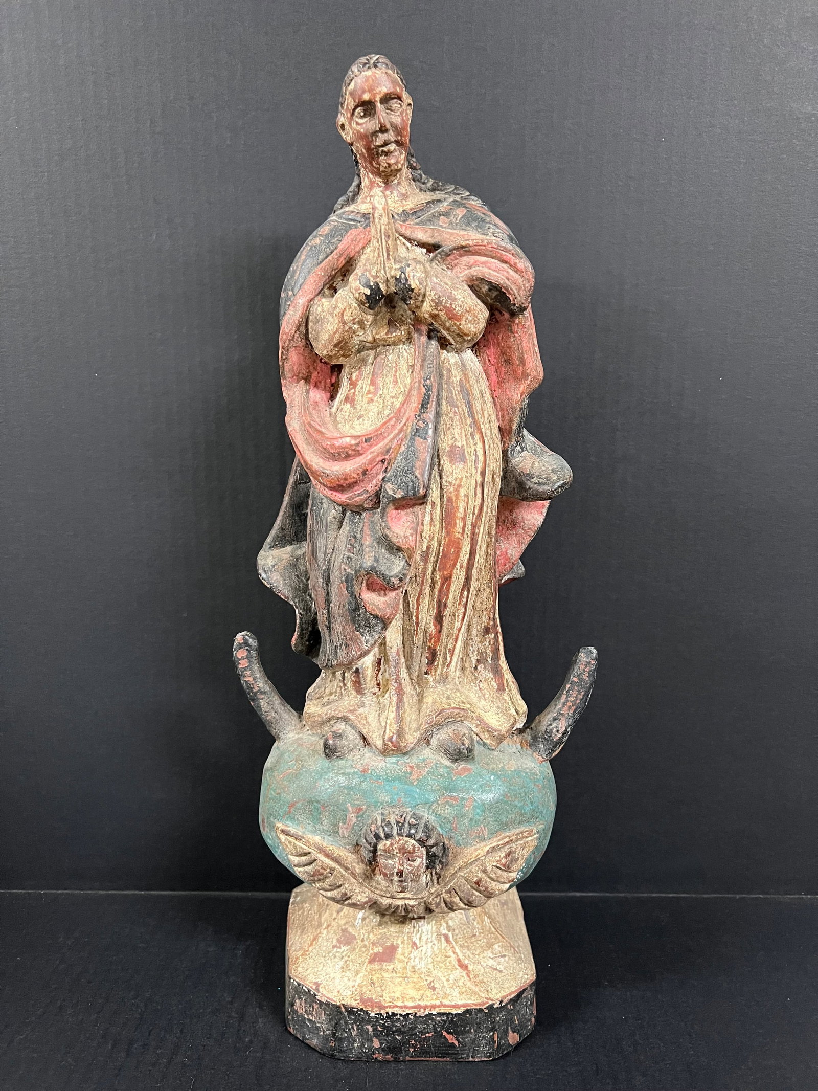 Carved Wood Blessed Virgin Mary Sculpture: Religious Art Carved Wood Virgin Mary Sculpture. The dimension is 20 inches high x 6.5 inches depth x 8 inches wide. Please be aware that some of the items are vintage, secondhand, old ages, antiques 